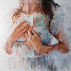 Erinnerung - Realistische figurative Malerei des 21. Jahrhunderts eines Mädchens mit einer Notiz