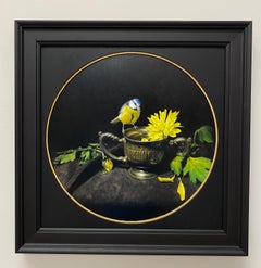 Until the final bloom - 21st Century Realistic Still-life Painting with a bird