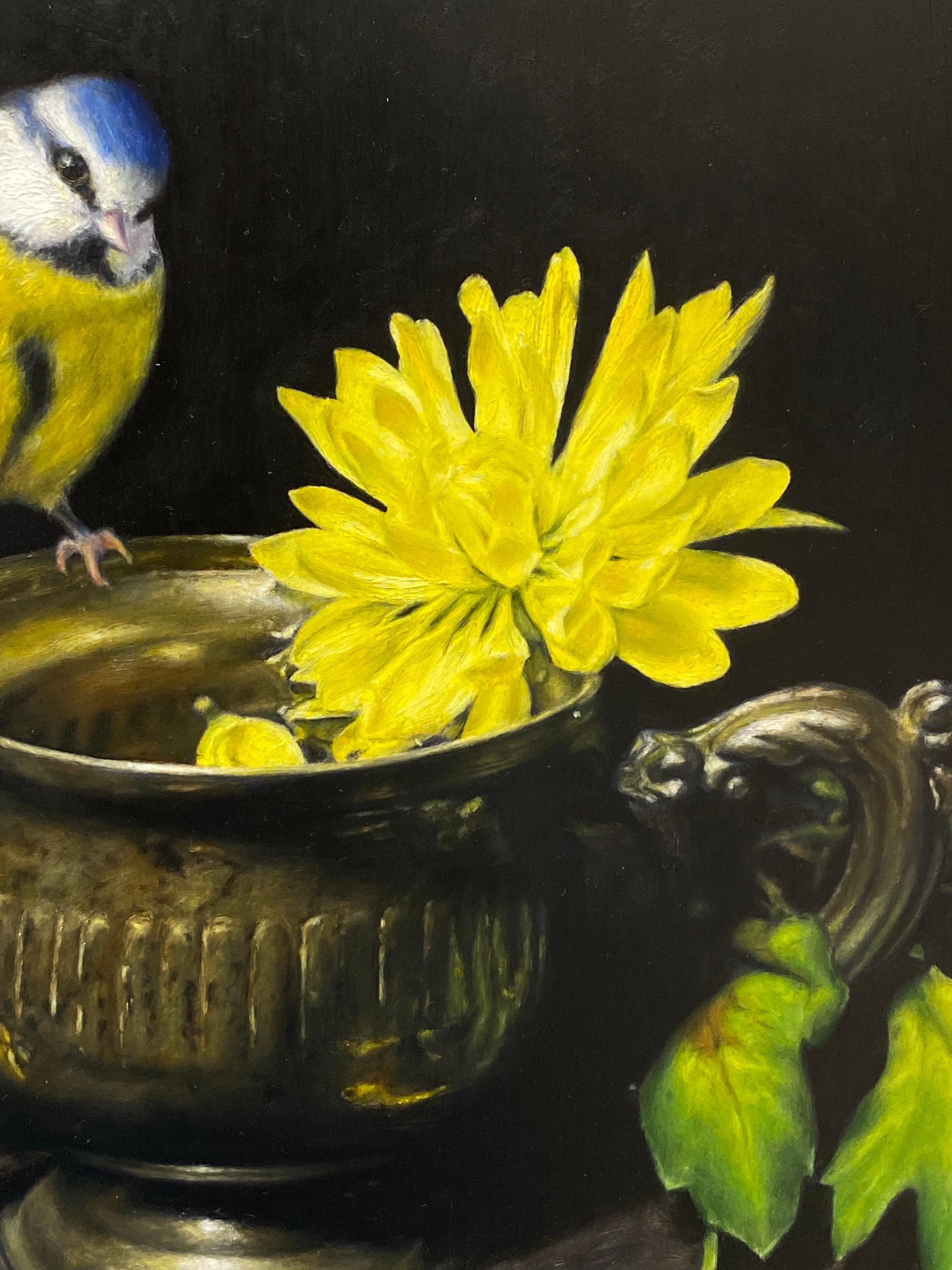 Fino all'ultima fioritura - Quadro realistico del XXI secolo con uccello in natura morta - Painting Realismo di Jeanine Donkers