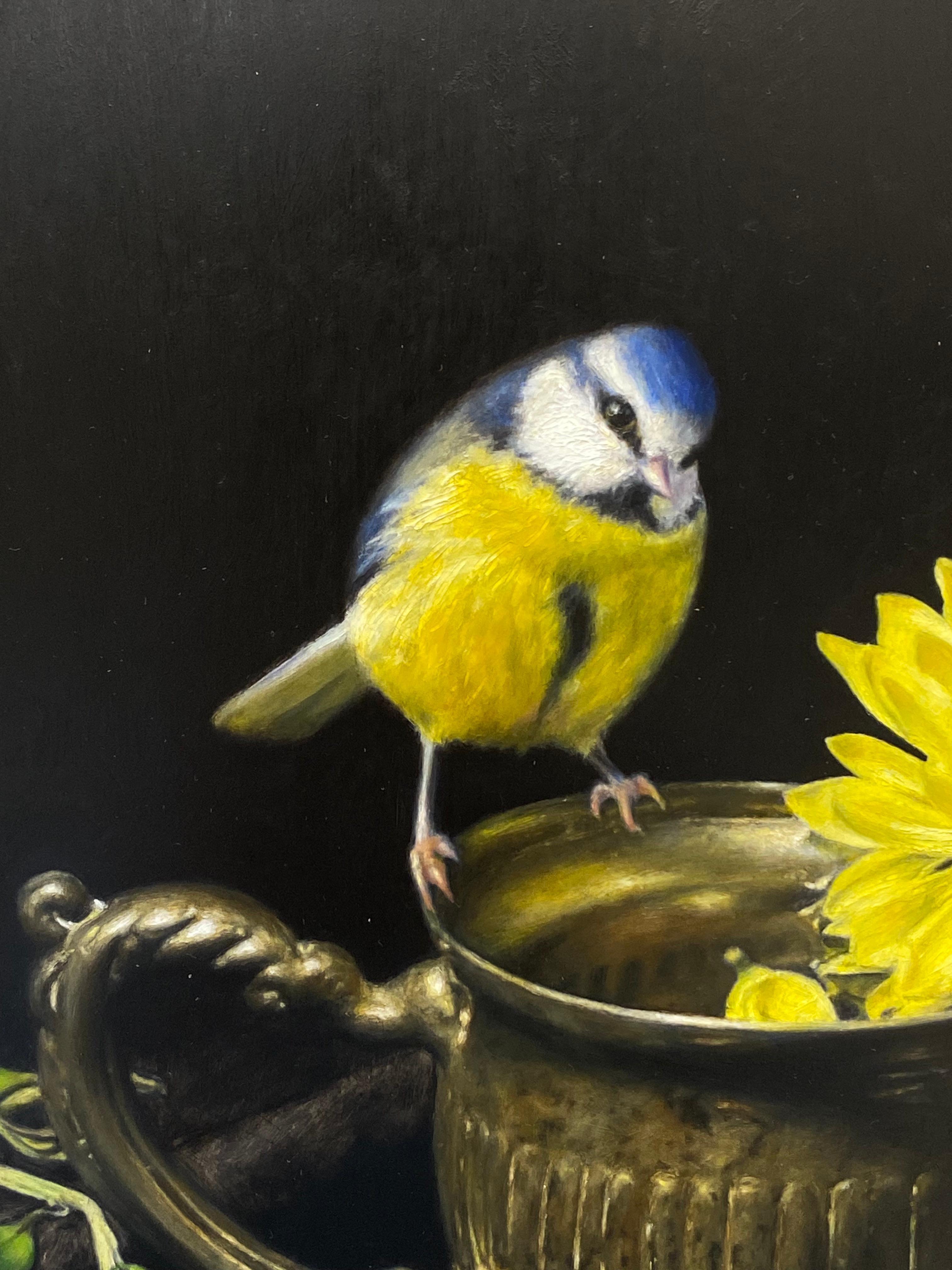 Fino all'ultima fioritura - Quadro realistico del XXI secolo con uccello in natura morta - Still-Life Painting Nero di Jeanine Donkers