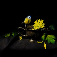 Until the final bloom - 21st Century Realistic Still-life Painting with a bird