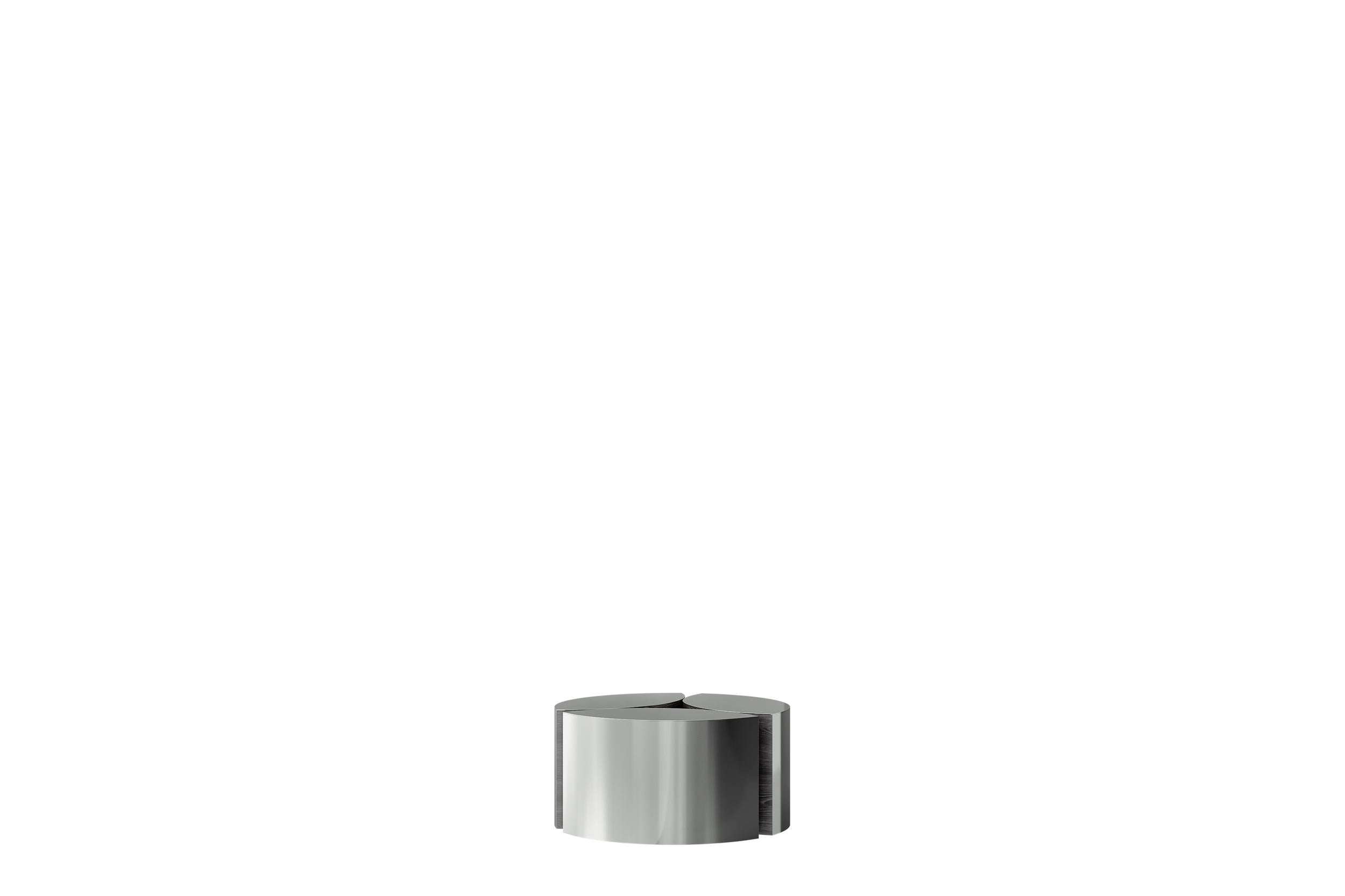 Jeanjean Polished Steel and Black Oak Side Table by Ultramobili
Dimensions:  D 80 x H 36 cm
Materials: Polished Steel, Black Oak.

Low table consist of three elements, D 80 cm, external site ant top in metal, polished steel o bronze finish; internal