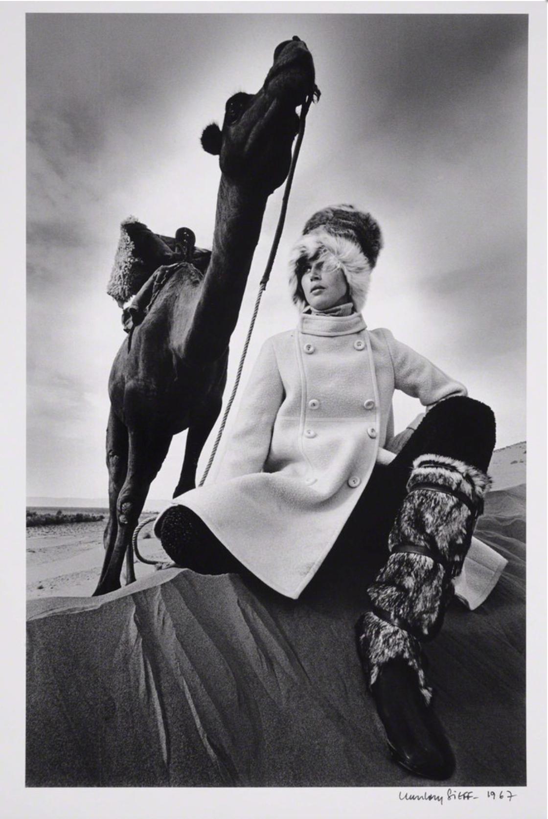 Jeanloup Sieff Black and White Photograph - Coat Marc Sport at Griselda, boots Karl Lagerfeld for Charles Jourdan, Morocco