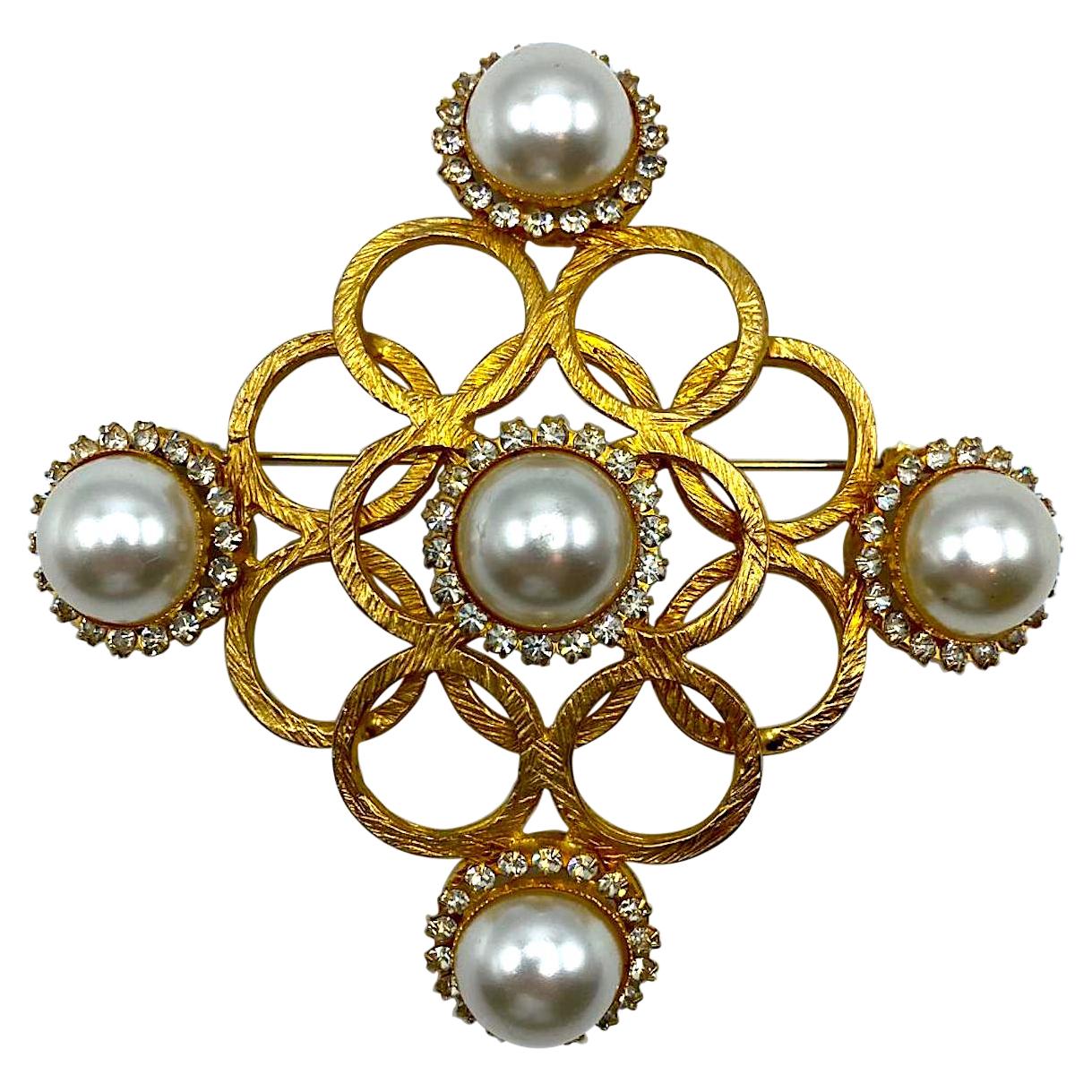 Jeanne 1950s Gold, Pearl & Rhinestone Huge 4.5" Medallion Pin For Sale
