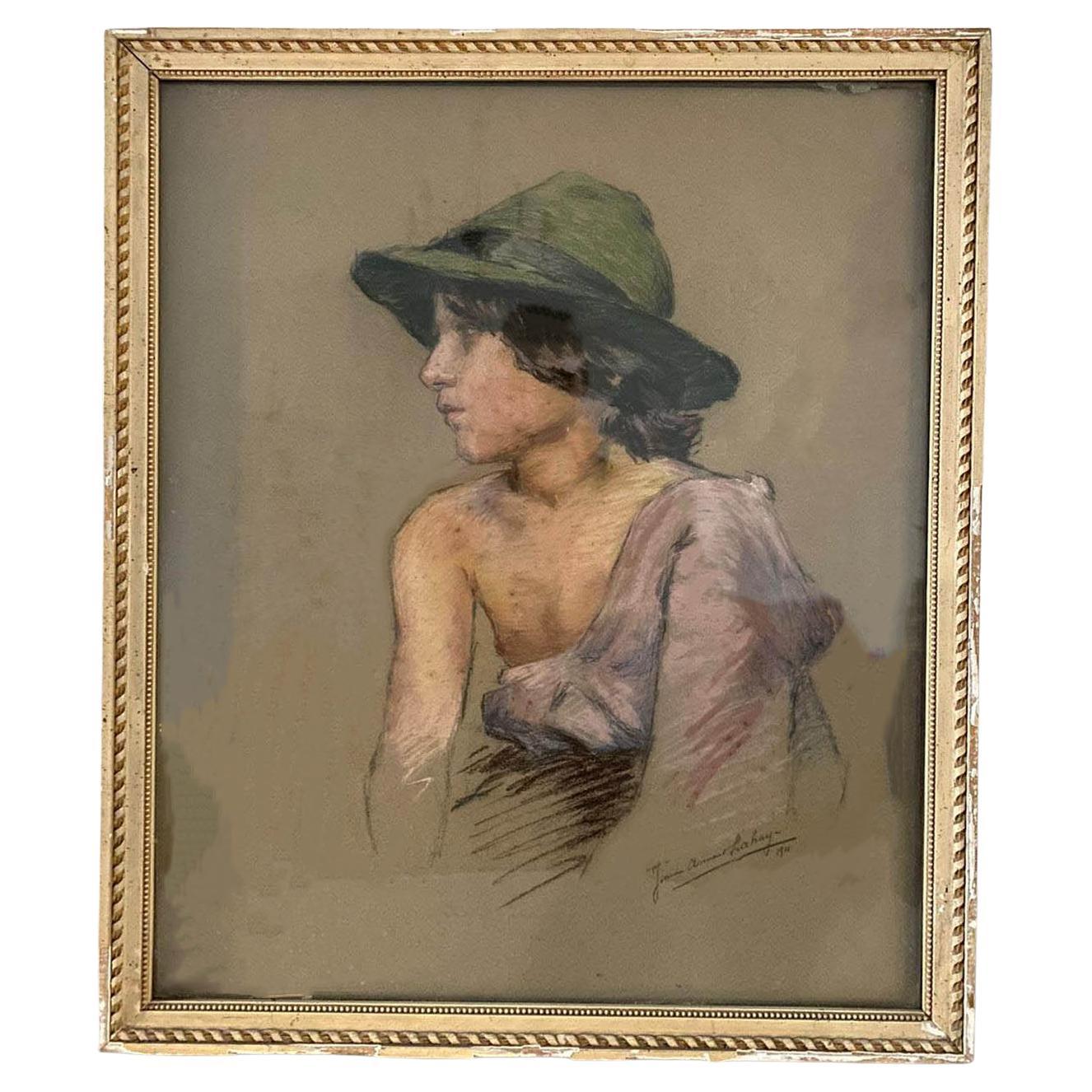 This charming portrait is by the French artist named Jeanne Asimand Lahaye. It is dated 1911. 

The portrait shows a young man in profile, looking like a shepherd. It is done in pastel, giving some life at the young man. The drawing is of good