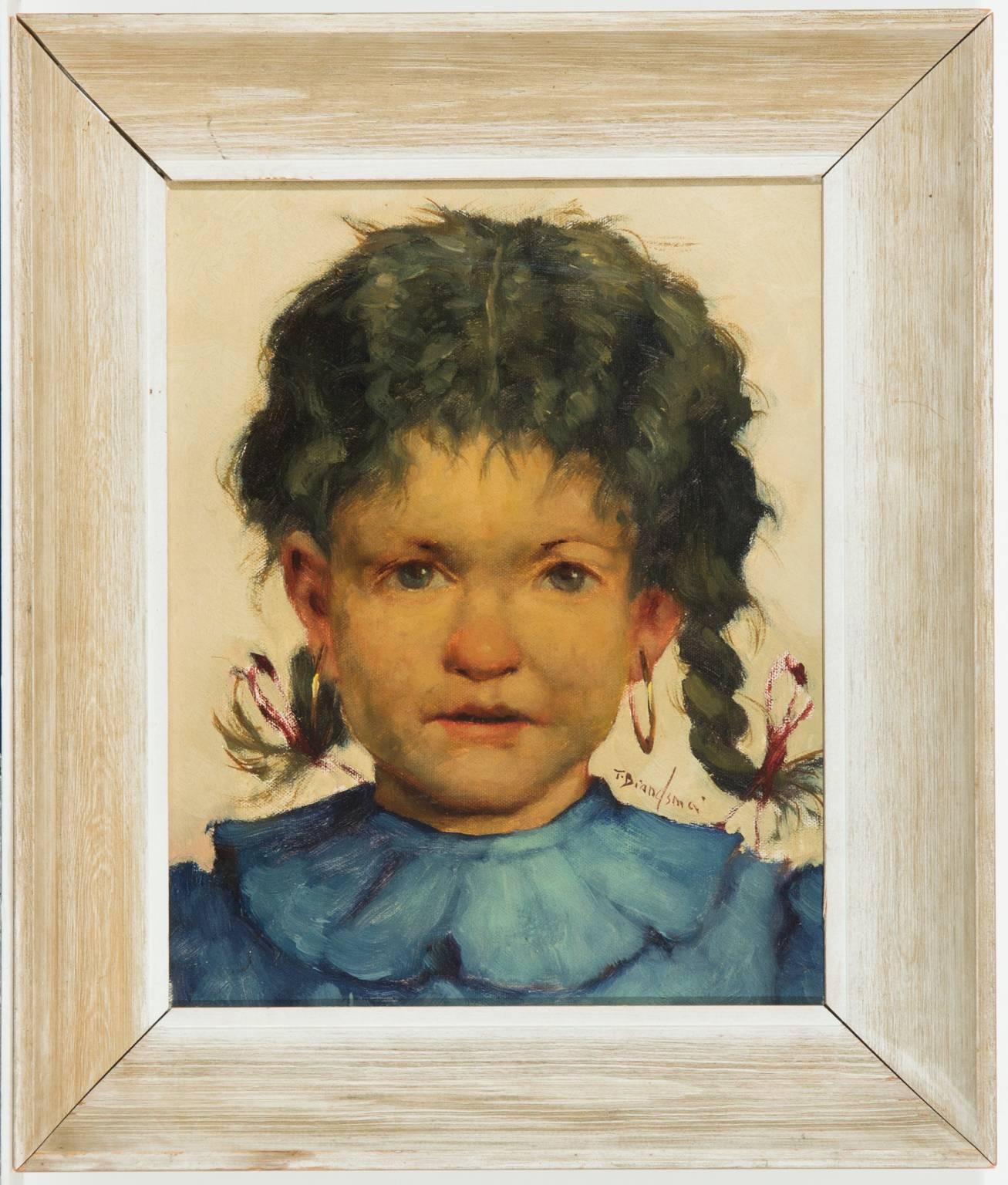 A pair of expressive modernist portraits of children by the well listed Belgian artist Jeanne Brandsma. The artist has beautifully captured the expression and character of the sitters. Both paintings are presented in modern pale wooden frames. The