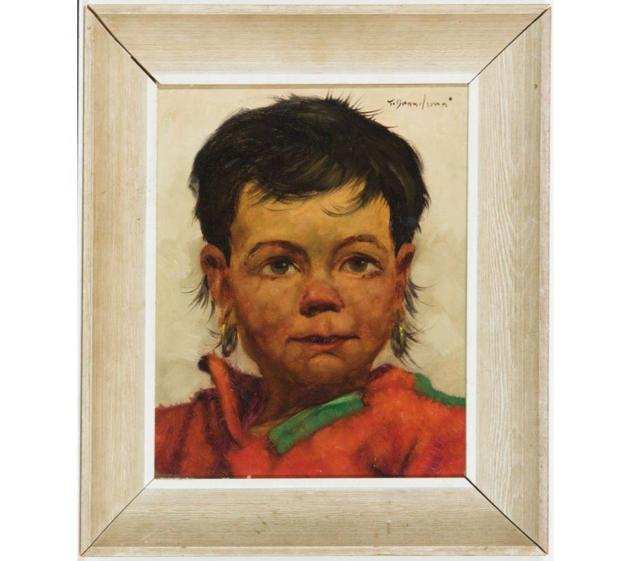 Une paire de portraits modernistes expressifs d'enfants par l'artiste belge bien connue Jeanne Brandsma. L'artiste a magnifiquement capturé l'expression et le caractère de ses modèles. Les deux tableaux sont présentés dans des cadres modernes en
