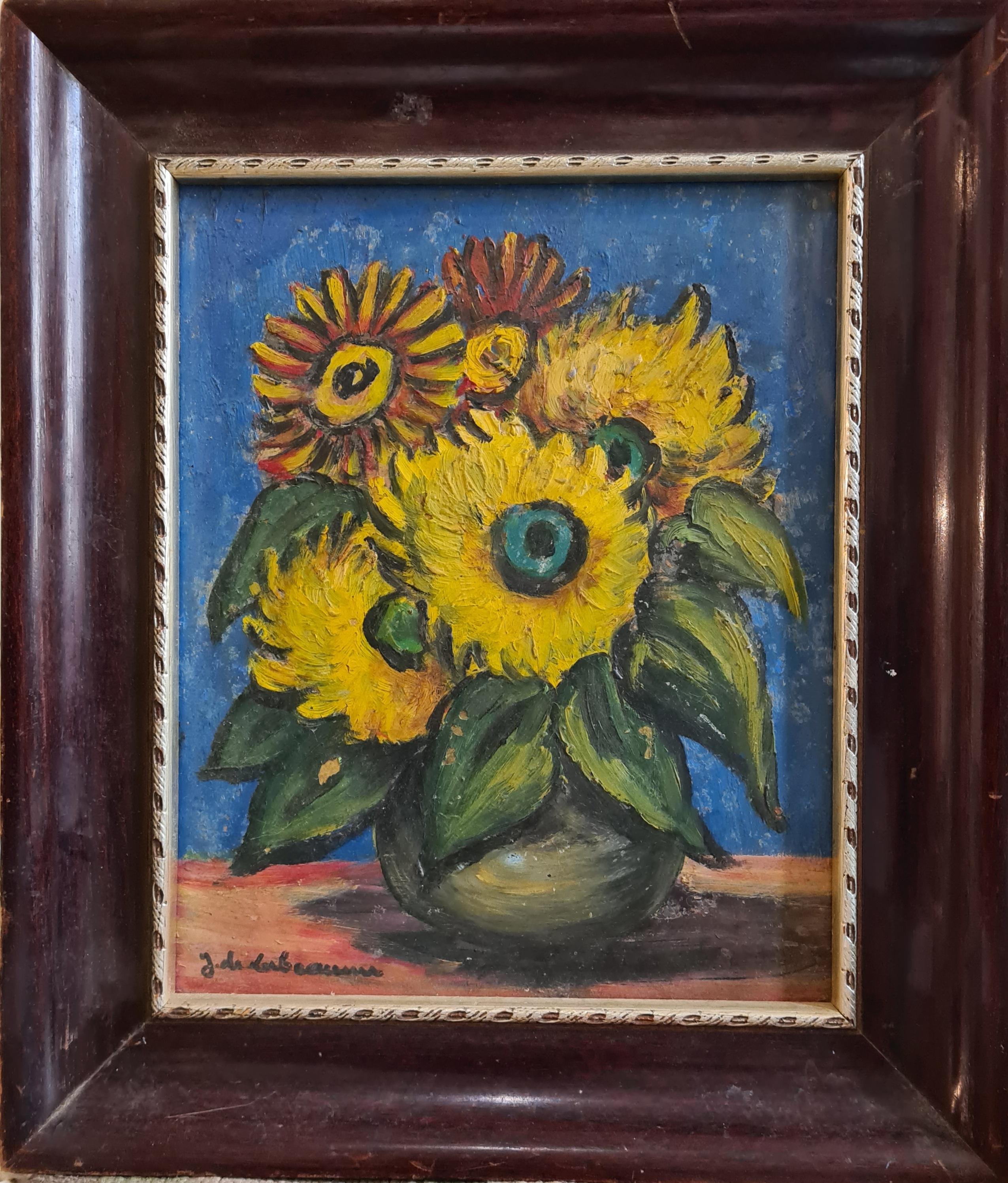 Sunflowers. 'Bateau-Lavoir' Movement Oil on Board, Hommage to Van Gogh. - Painting by Jeanne De Labeaume