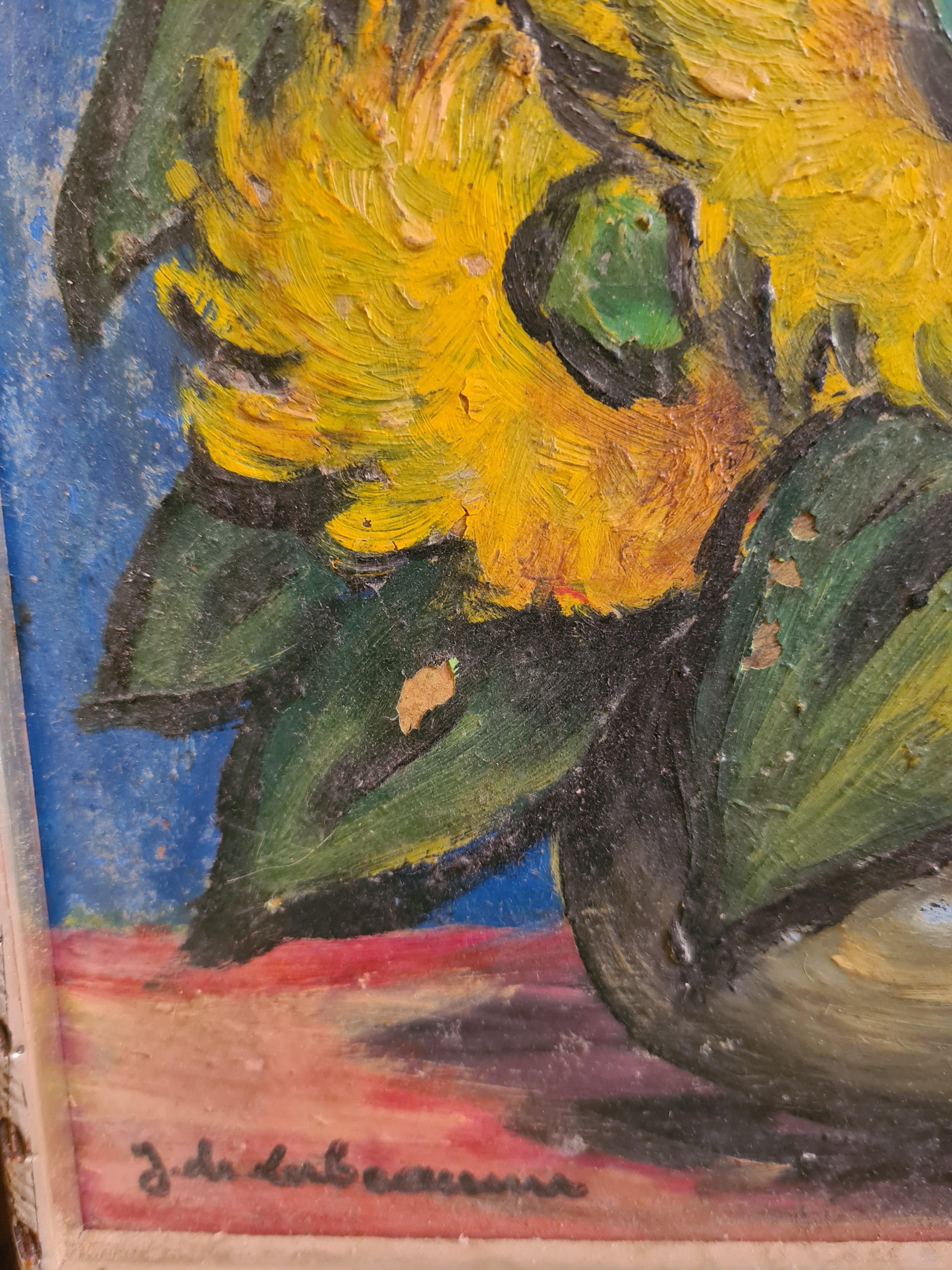 Sunflowers. 'Bateau-Lavoir' Movement Oil on Board, Hommage to Van Gogh. - Post-Impressionist Painting by Jeanne De Labeaume