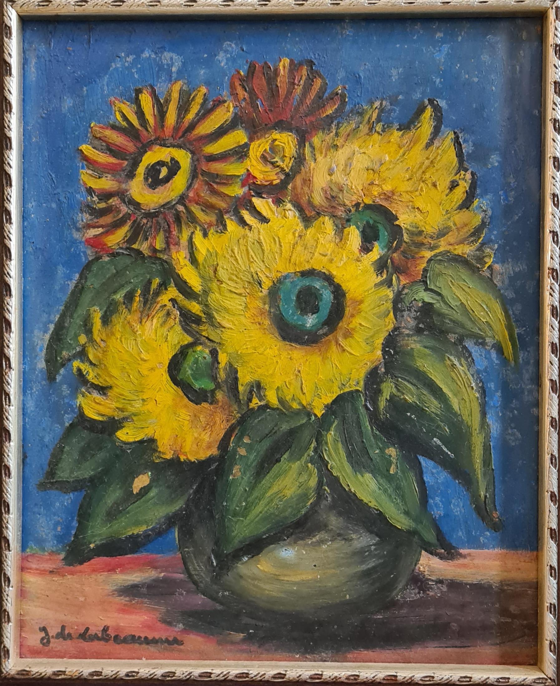 Still-Life Painting Jeanne De Labeaume - Tournesols. Mouvement "Bateau-Lavoir", Huile sur panneau, Hommage à Van Gogh.