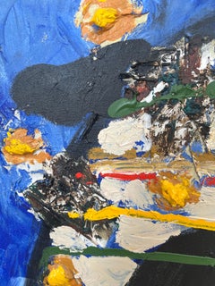 Reluctant Field, Abstract painting of blue, red cream trees and pond