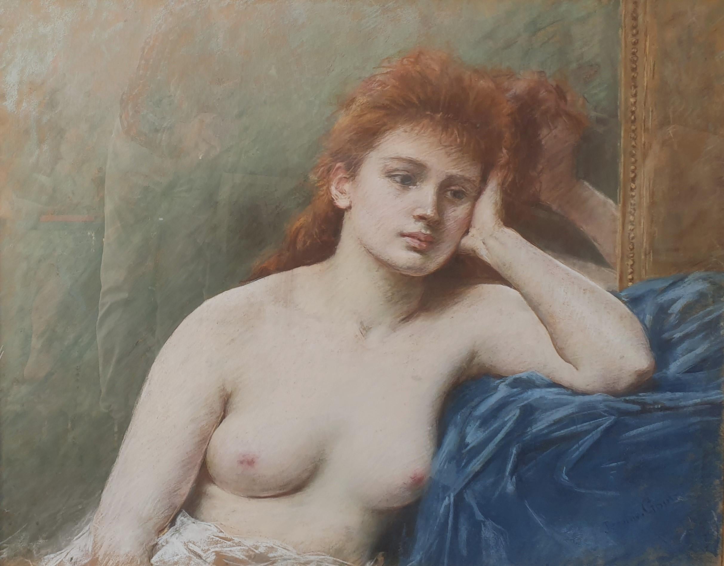 GOUY large pastel woman model nude breasts french painter Salon Paris 19th - Painting by Jeanne GOUY