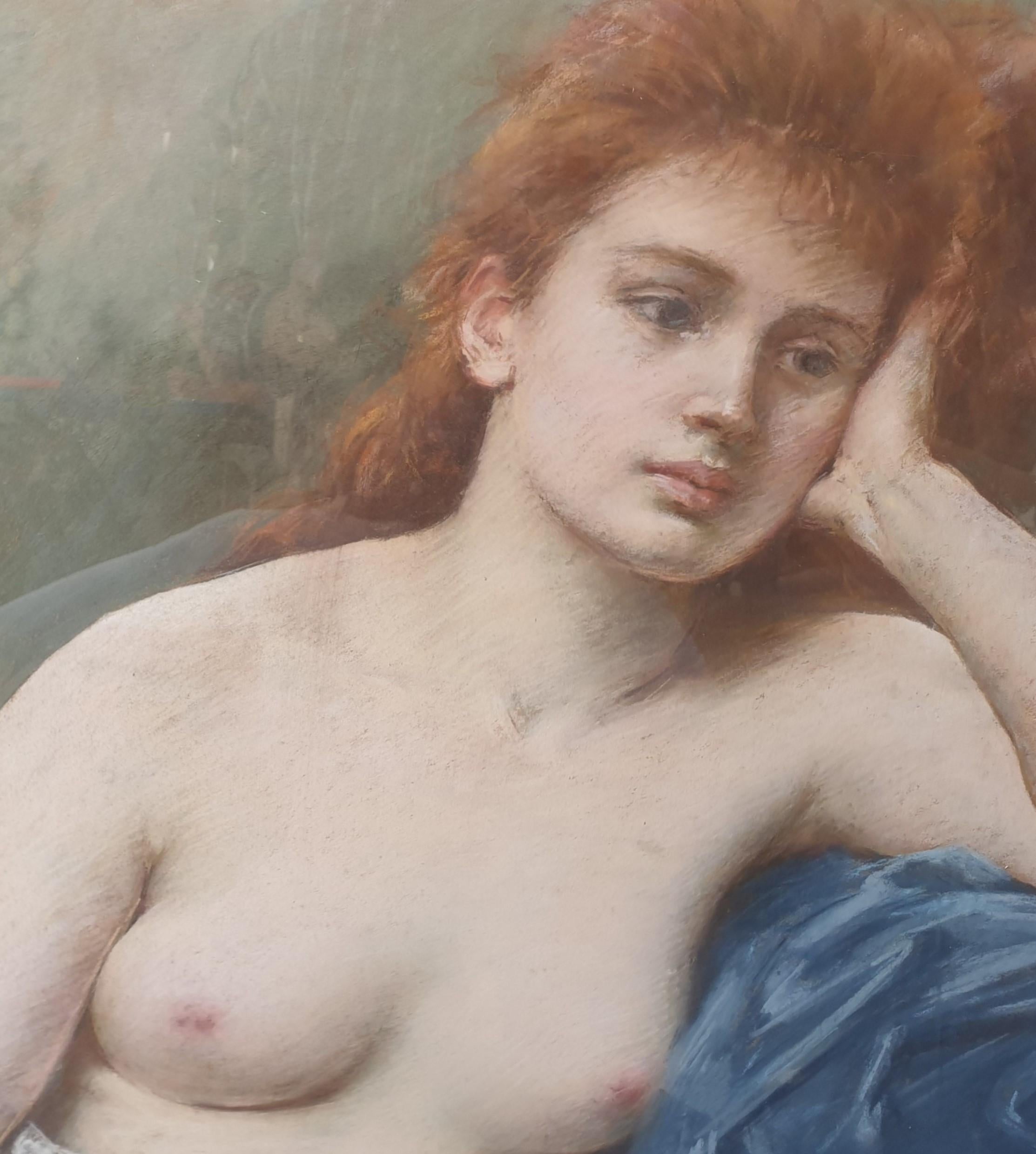 GOUY Großes Pastell-Frauenmodell, nackte Brüste, französische Malerin, Salon Paris, 19. Jahrhundert (Braun), Nude Painting, von Jeanne GOUY
