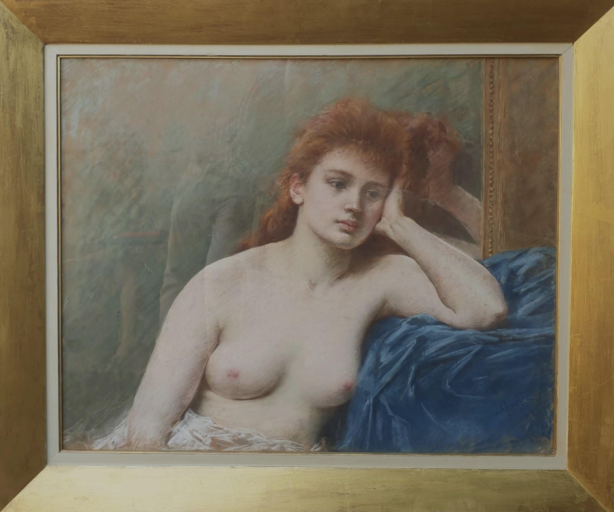 Jeanne GOUY Nude Painting – GOUY Großes Pastell-Frauenmodell, nackte Brüste, französische Malerin, Salon Paris, 19. Jahrhundert