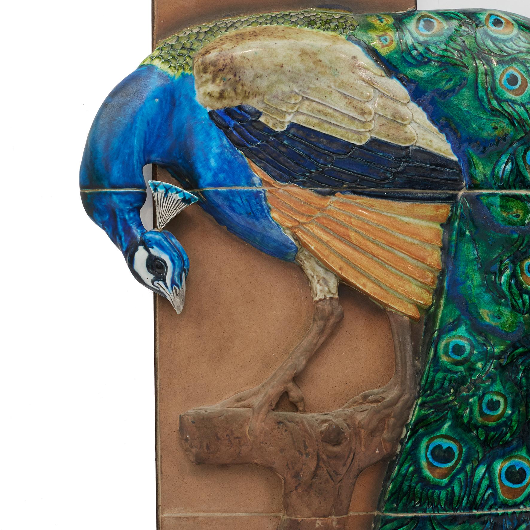 Modern Jeanne Grut. Peacock Faience Wall Relief For Sale