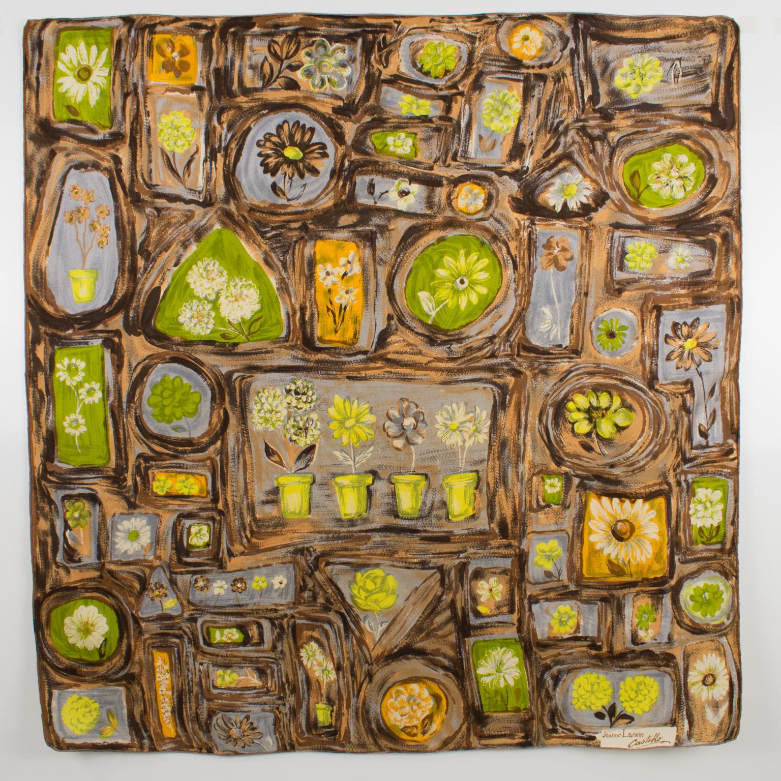 Brown Designer Antonio Castillo for Jeanne Lanvin 1950s Silk Scarf Floral Print For Sale