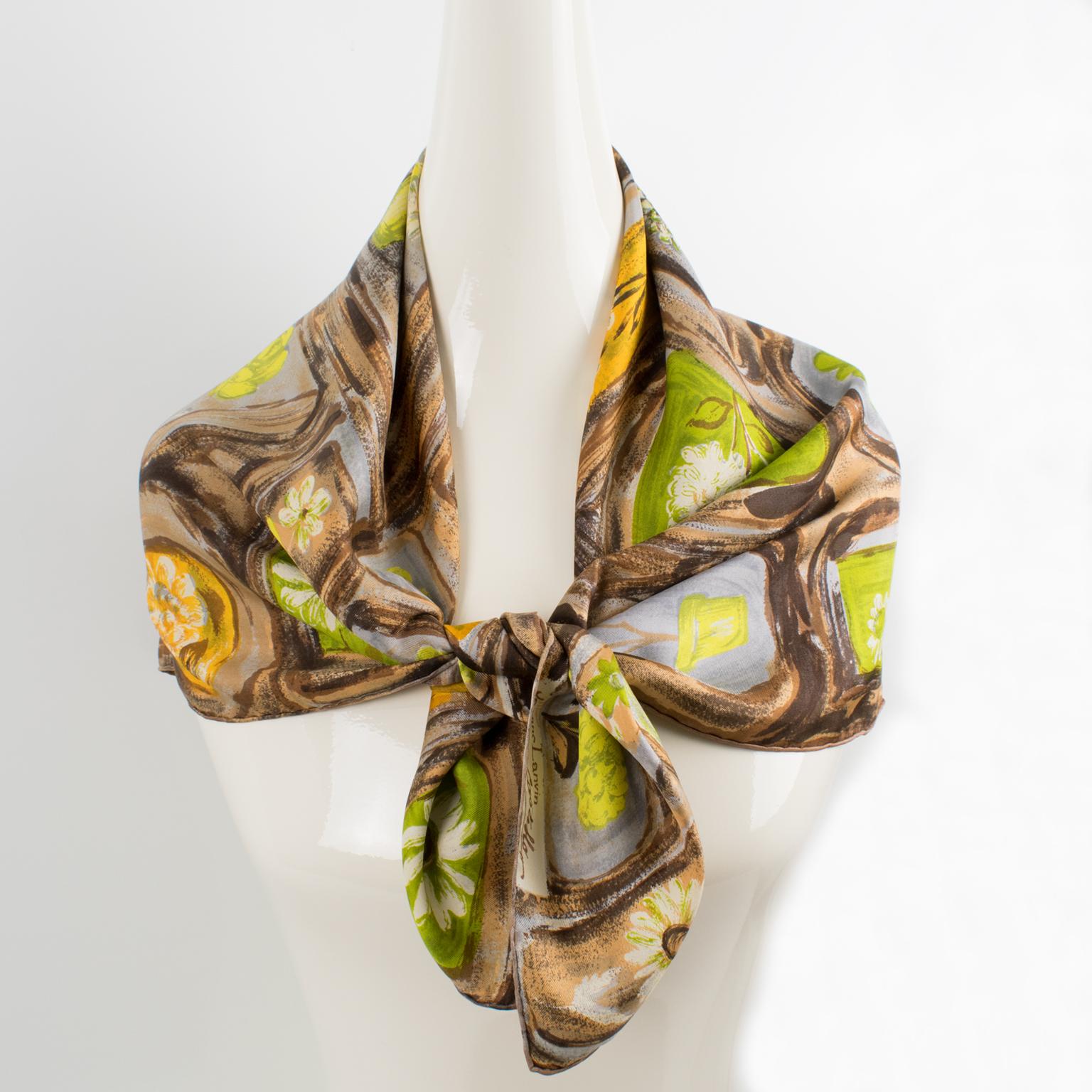 Antonio Castillo designed this stunning silk scarf for Jeanne Lanvin Paris in the 1950s. The design features intricate flower pots printed in brown and green colors and is signed on the bottom right corner by Jeanne Lanvin and Castillo. The