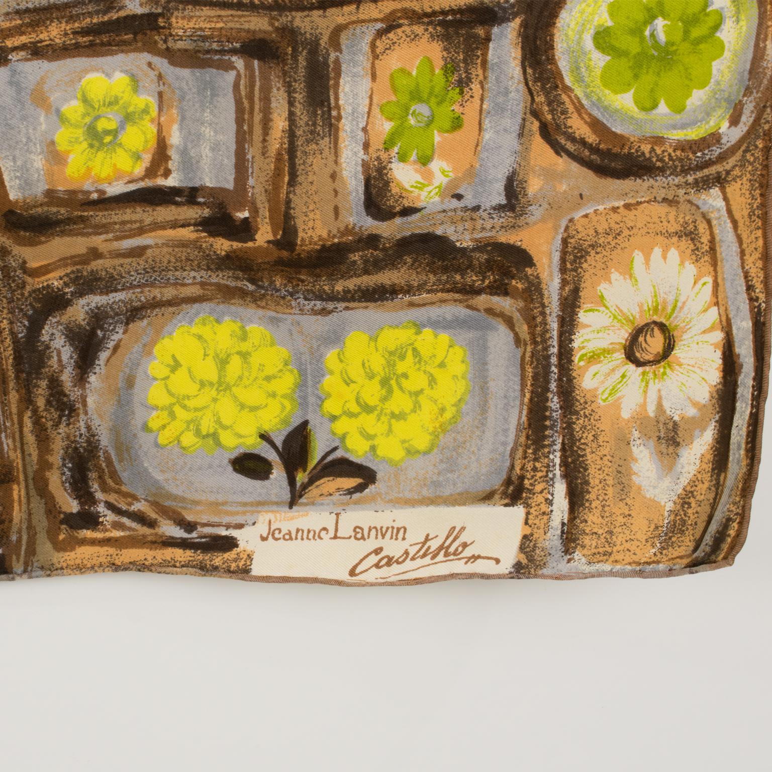 Foulard en soie à motif de pots de fleurs multicolores par Jeanne Lanvin et Castillo Pour femmes en vente