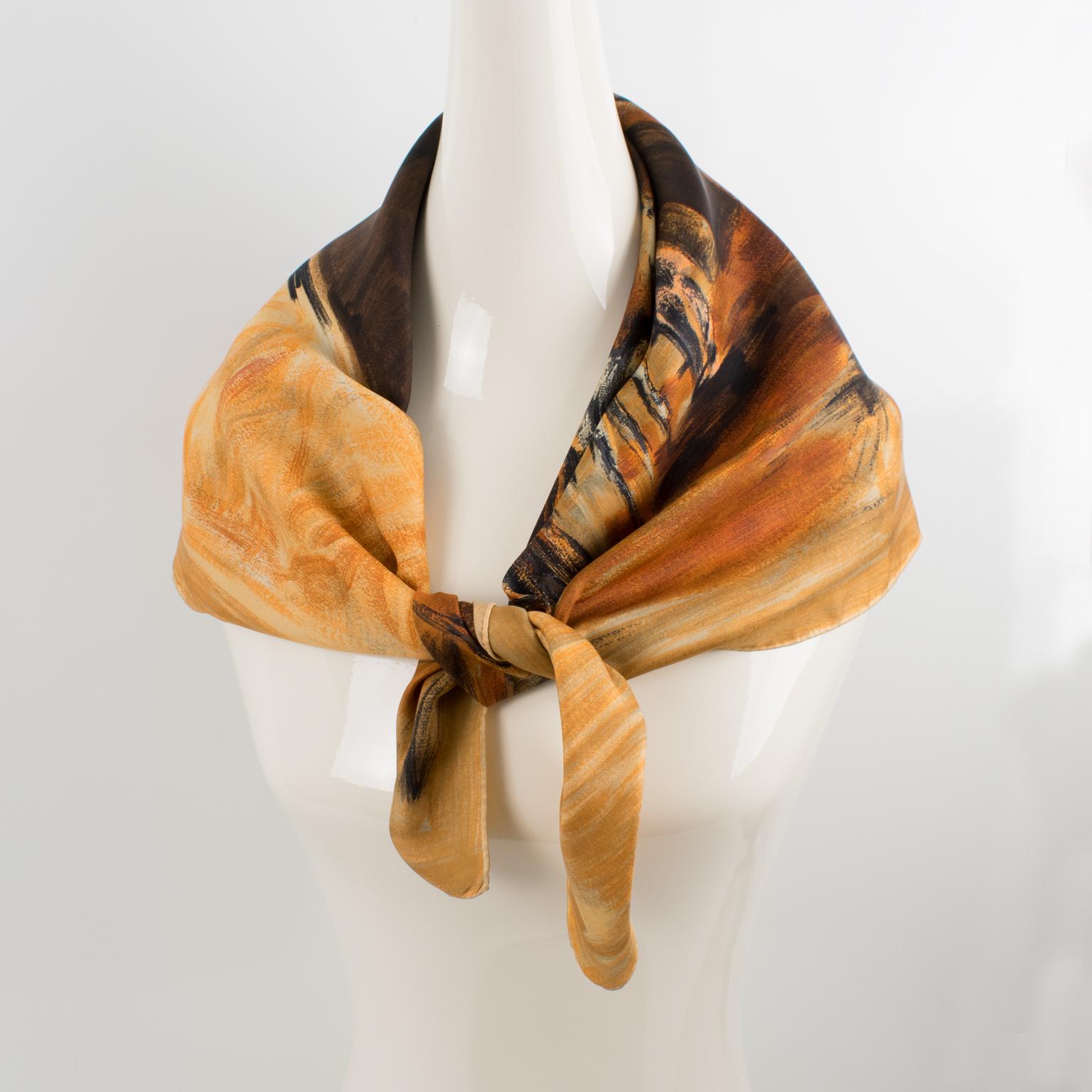 Beautiful silk scarf by Jeanne Lanvin and Castillo in amber and brown colors featuring an antique Spanish scene with castle design print and signed bottom right corner 