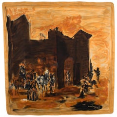 Jeanne Lanvin and Castillo Silk Scarf Spanish Scene with Castle in Amber