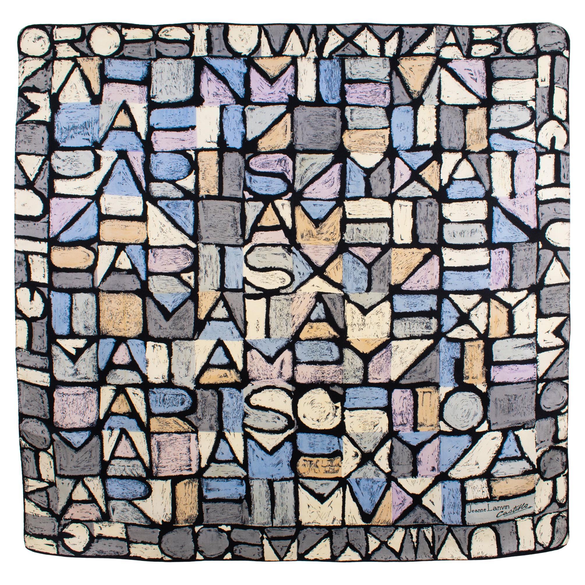 Jeanne Lanvin and Castillo Silk Scarf The Letters in Blue, Pink and Gray For Sale
