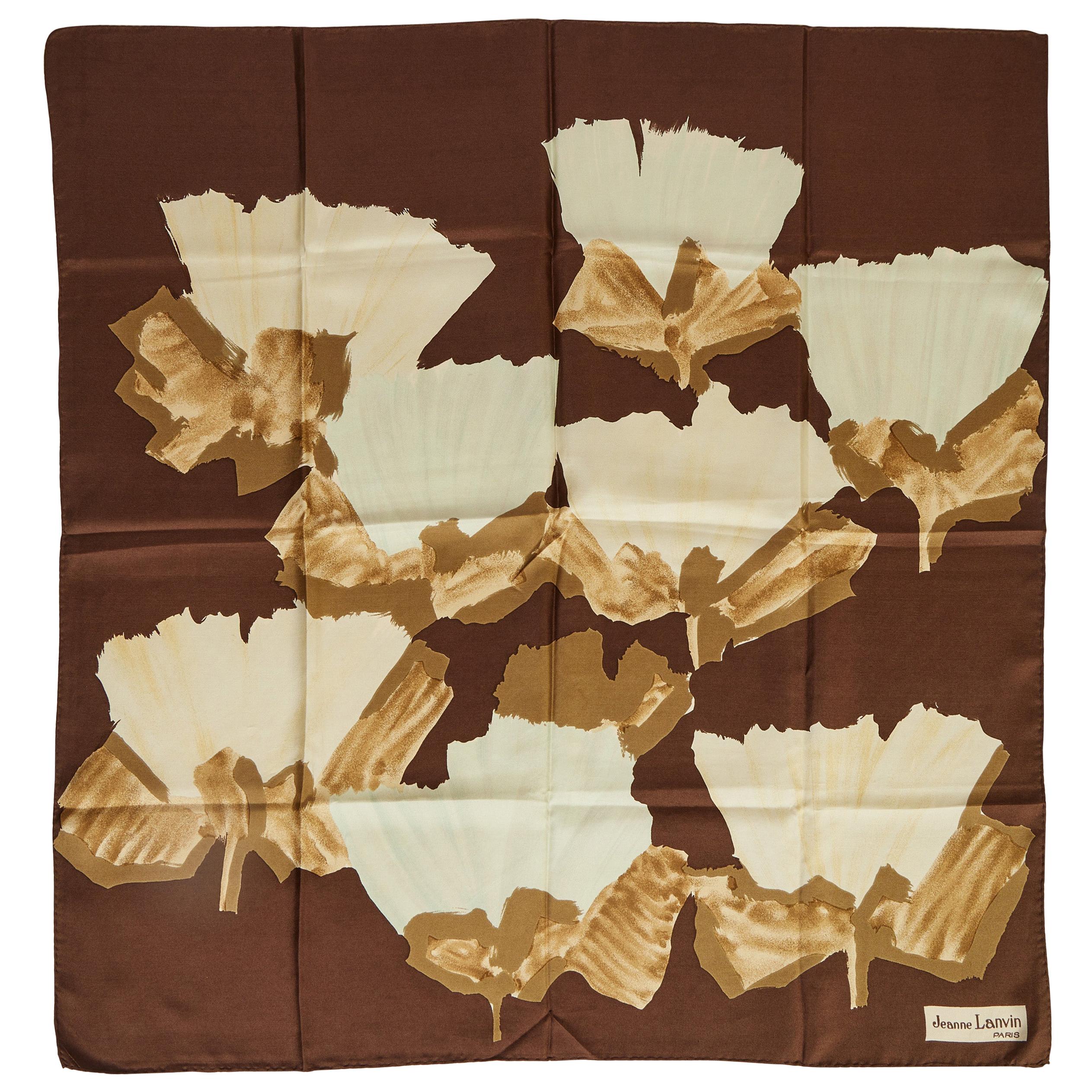 Jeanne Lanvin Brown Silk Floral Scarf