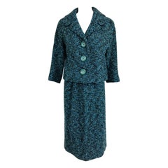 Jeanne Lanvin Couture numerada Traje de falda de tweed azul de principios de los 60