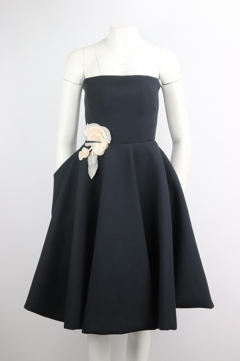 Jeanne Lanvin strapless silk trimmed wool blend dress. Black. Sleeveless, strapless. Zip fastening at back. 73% Polyester, 24% wool, 3% elastane; fabric2: 81% polyester, 19% silk; embroidery: 100% silk; lining: 100% cotton; lining2: 100% silk. Size: