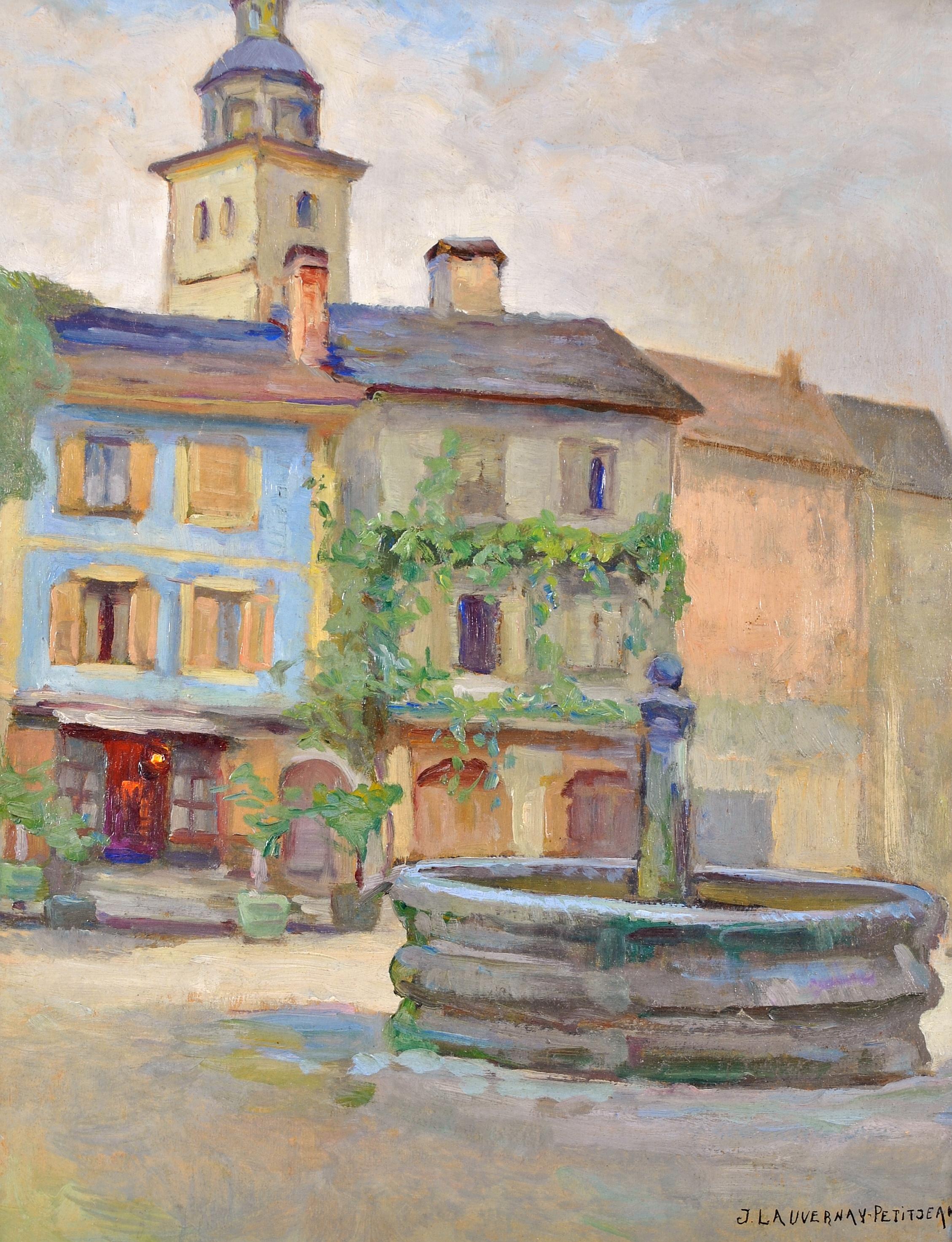 A beautiful 1930's French impressionist oil on board depicting a village water well by Jeanne Lauvernay-Pettitjean, the wife of Edmond Marie Pettitjean.

The work is very atmospheric and evocative of rural France. The well sits in front of a row of