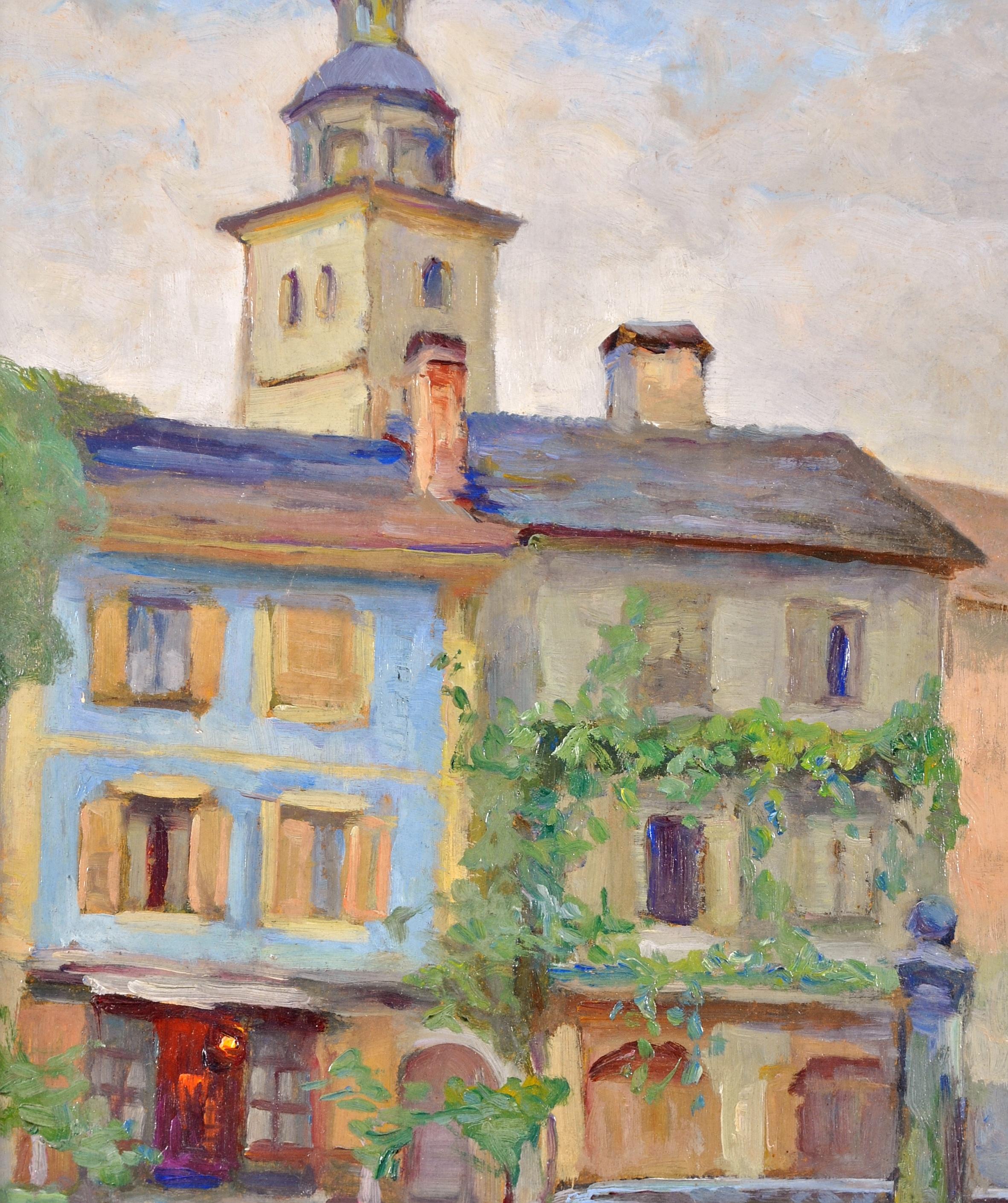Le Puits - 20th Century French Impressionist Village Landscape Oil Painting For Sale 1