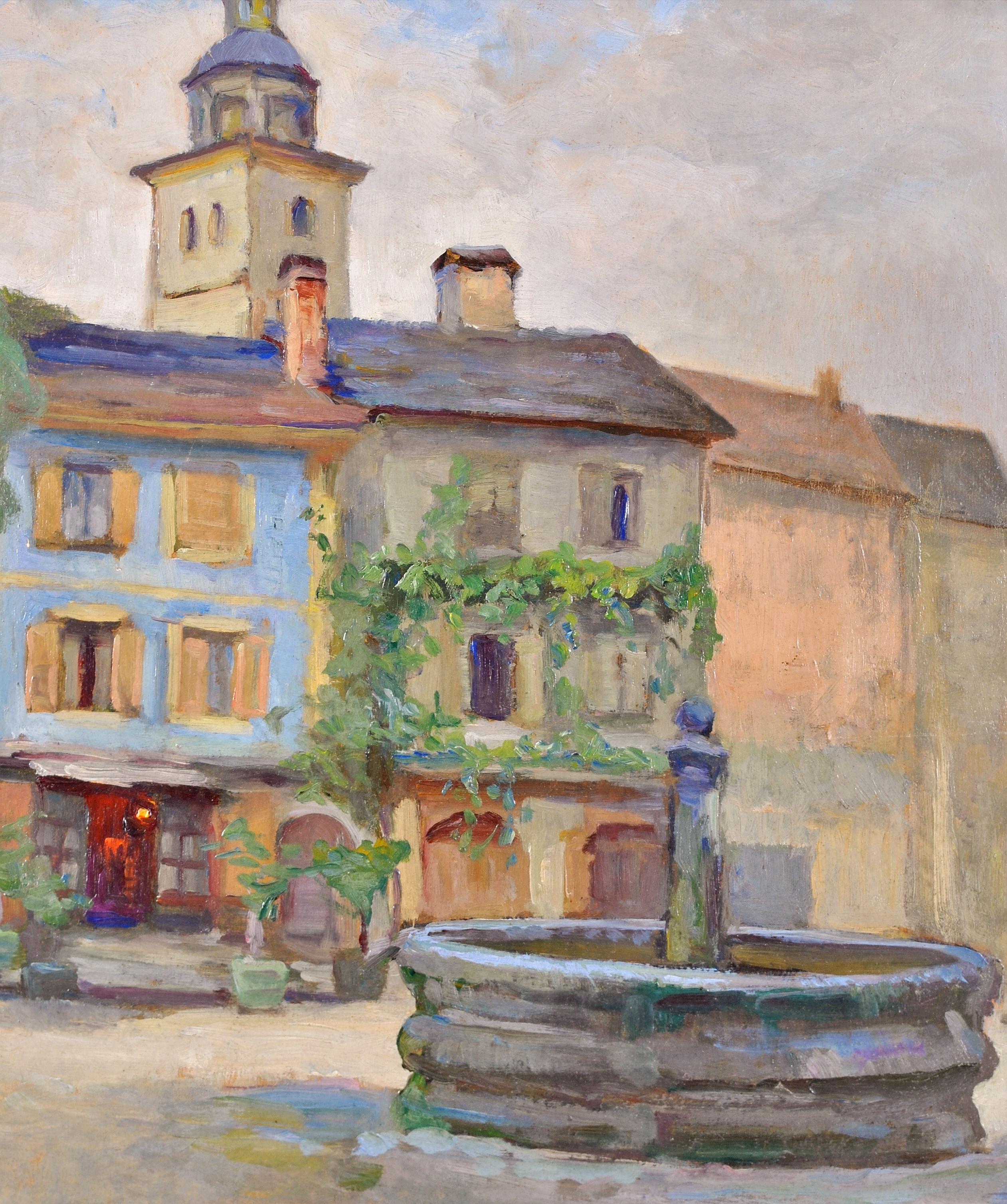 Le Puits - 20th Century French Impressionist Village Landscape Oil Painting For Sale 2