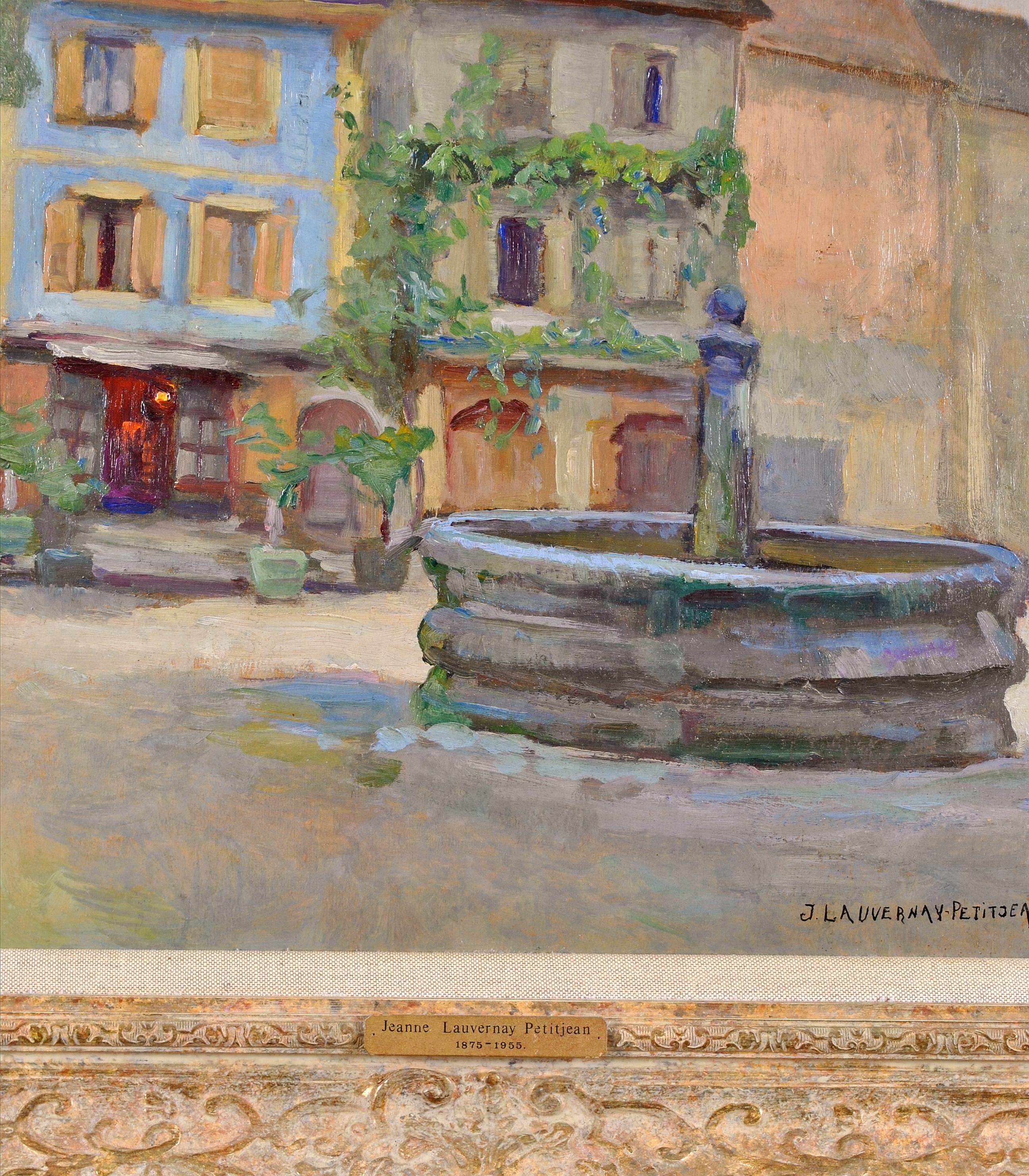 Le Puits - 20th Century French Impressionist Village Landscape Oil Painting For Sale 4