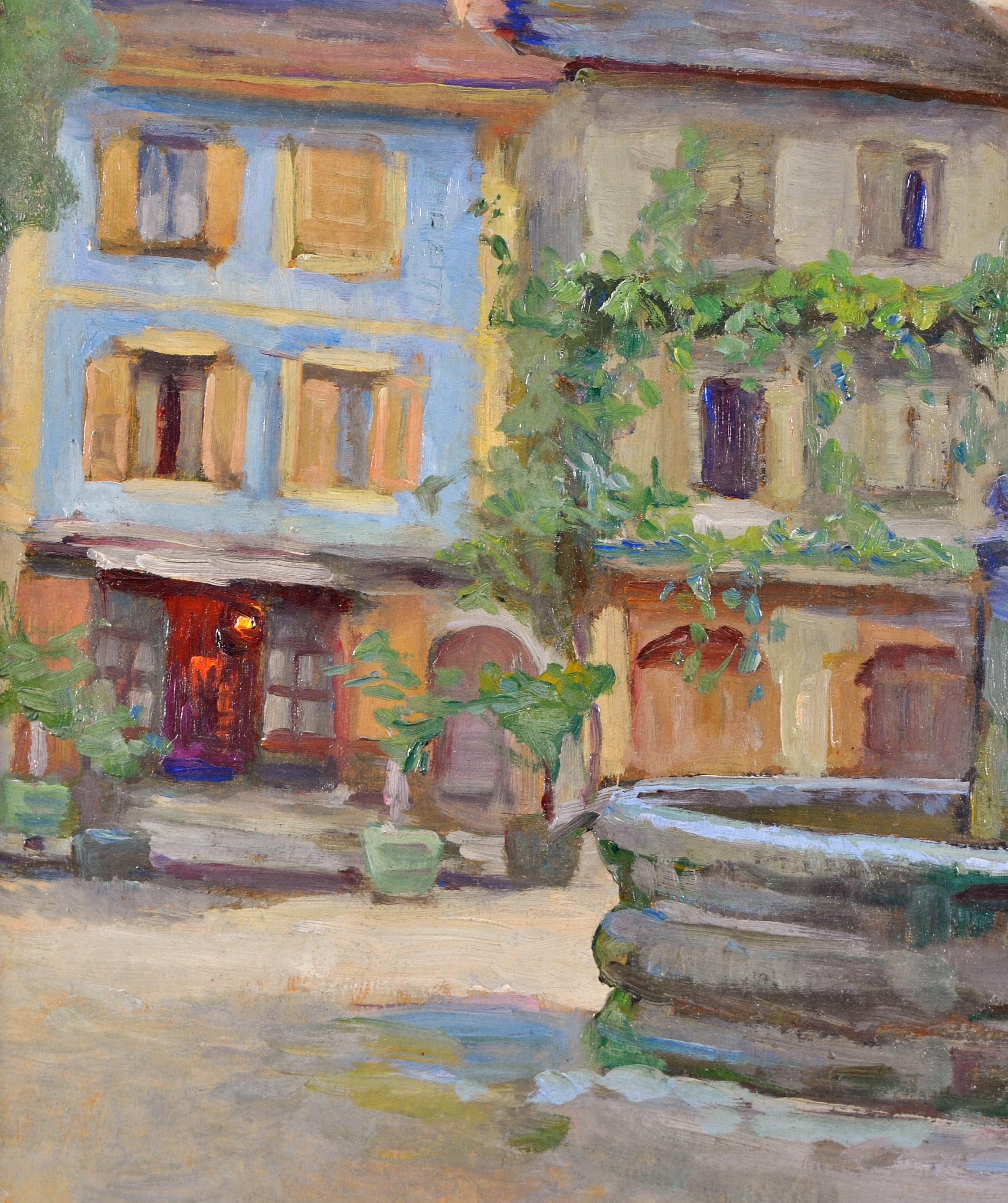 Le Puits - 20th Century French Impressionist Village Landscape Oil Painting For Sale 3