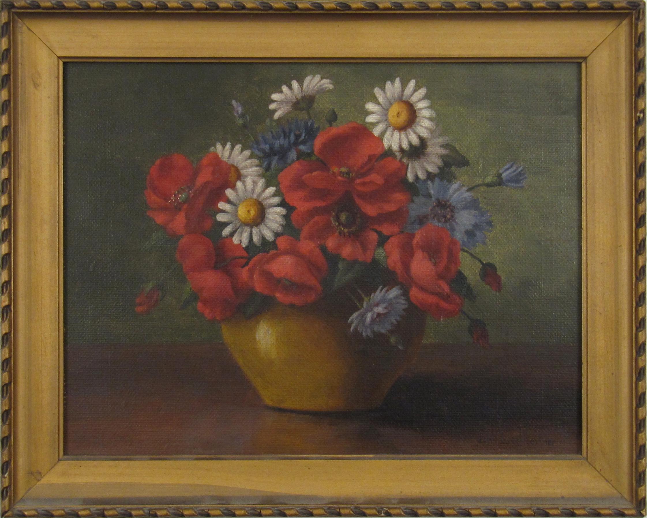 Jeanne Lechleitner
(Swiss, active in the 19th and early 20th Century)

Summer Flower Bouquet in a Mustard Coloured Vase

•	Oil on artist canvasboard ca. 21 x 26.5 cm
•	Later Frame 25 x 31 cm
•	Ca. 1910
•	Signed lower right

Jeanne Lechleitner, born