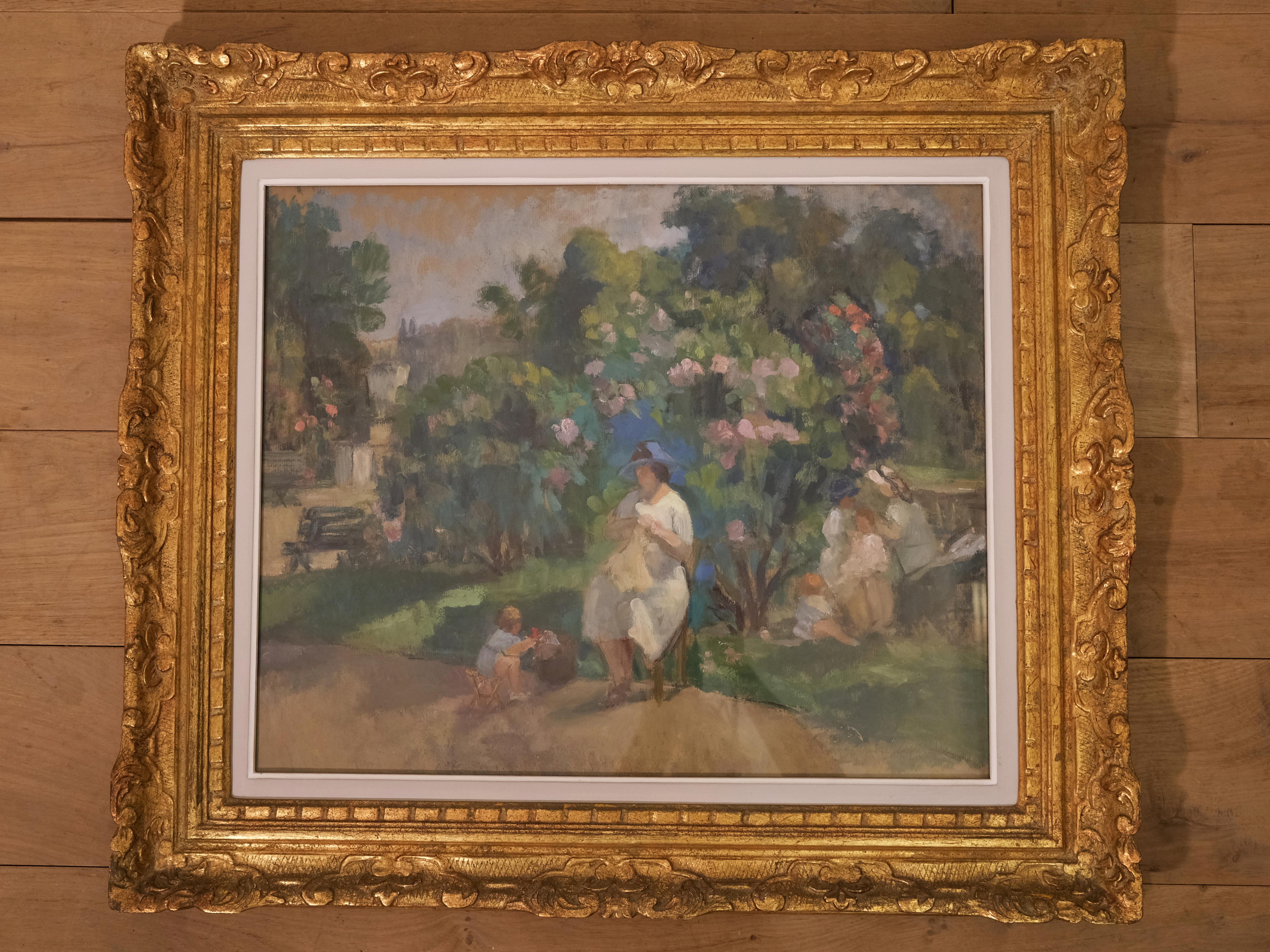 Jeanne Lourier (1872-1955),
In the public garden, 
oil on paper,
circa 1920, France.
Height 48 cm, width 59.5 cm.