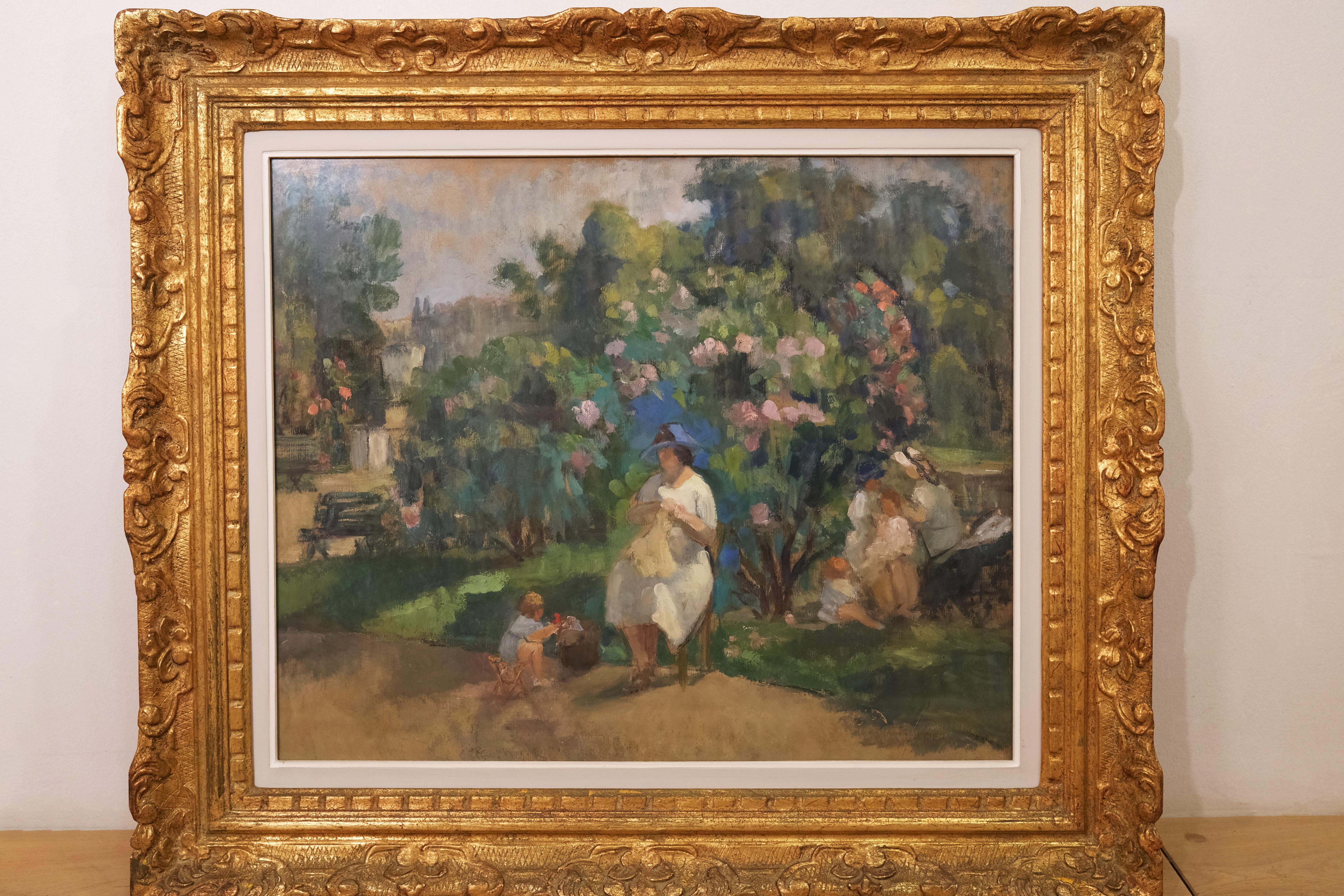 Modern Jeanne Lourier (1872-1955), In the public garden,  oil on paper, circa 1920.
