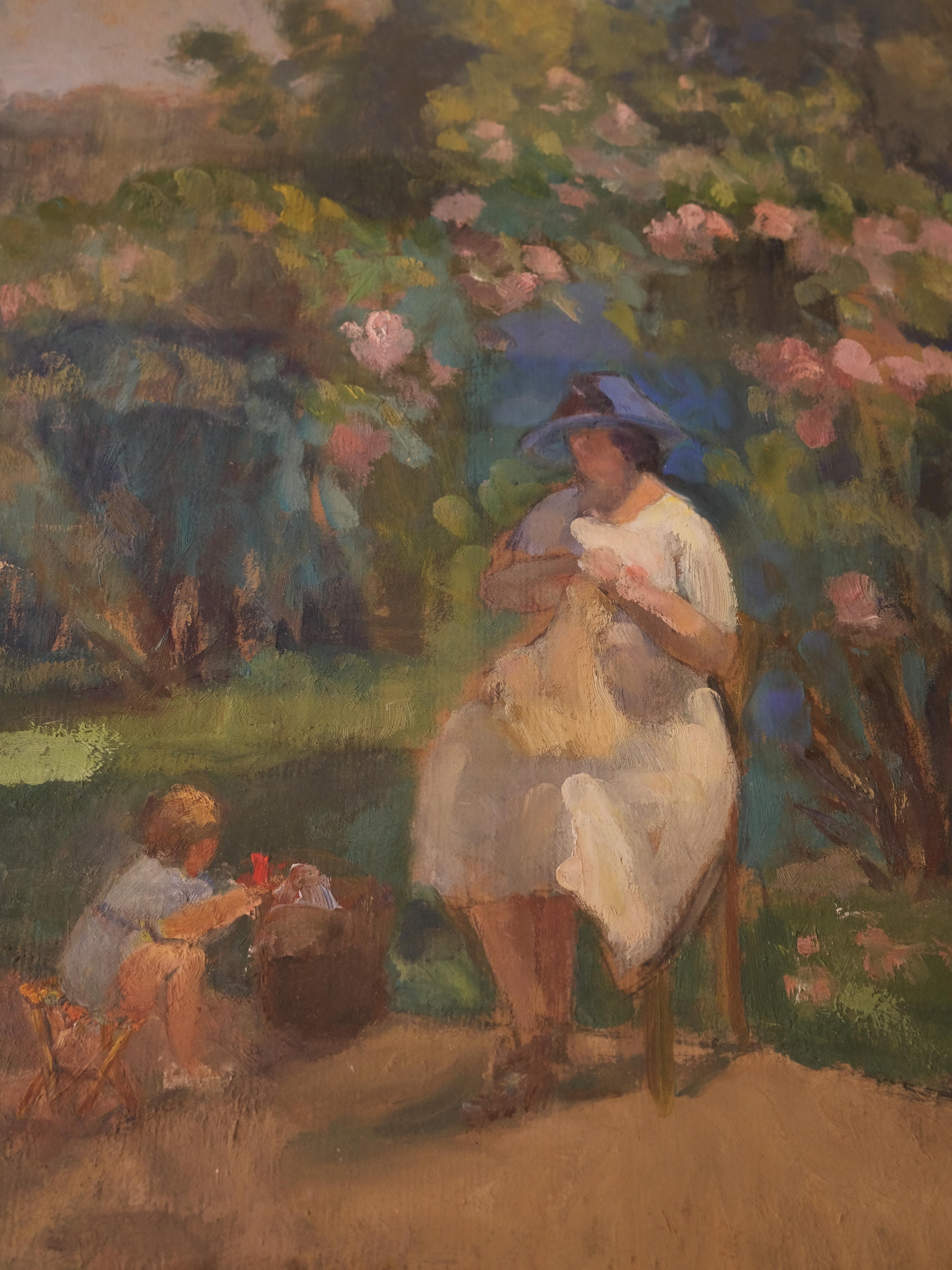 French Jeanne Lourier (1872-1955), In the public garden,  oil on paper, circa 1920.