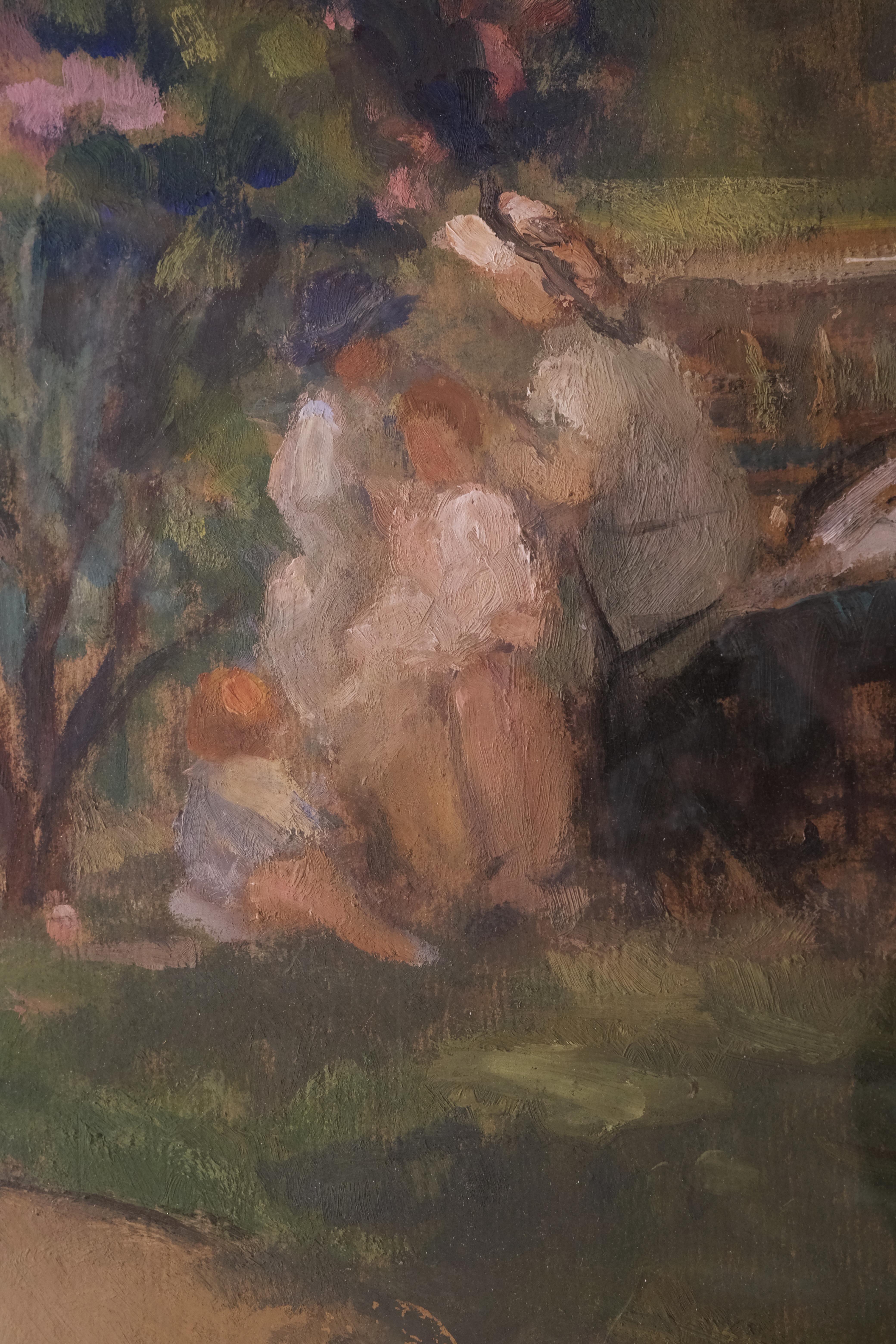 Jeanne Lourier (1872-1955), In the public garden,  oil on paper, circa 1920. In Good Condition In Nice, Cote d' Azur