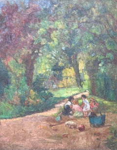 Fine Antique French Post-Impressionist Signed Oil Children Picnic in Park