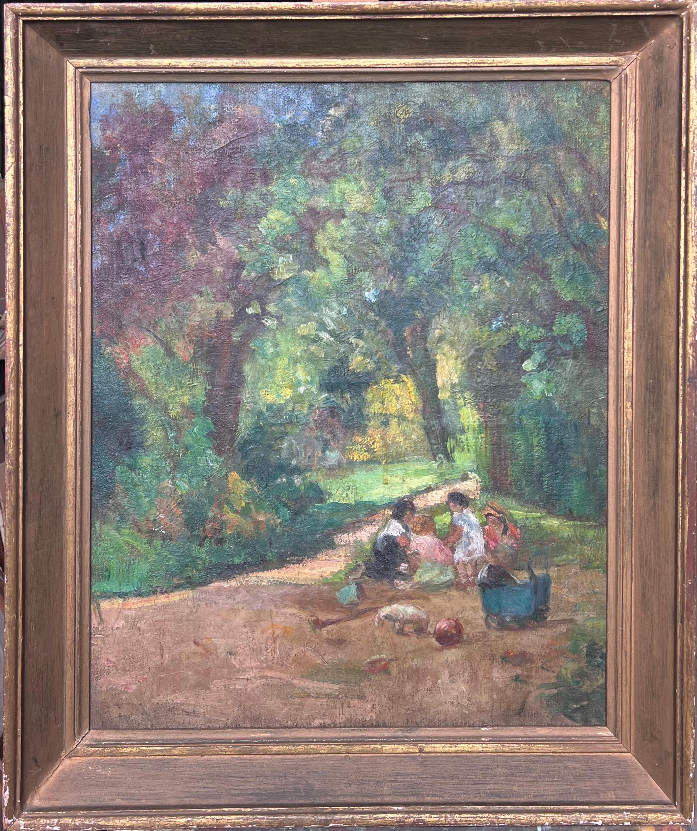 Fine Antique French Post-Impressionist Signed Oil Children Picnic in Park