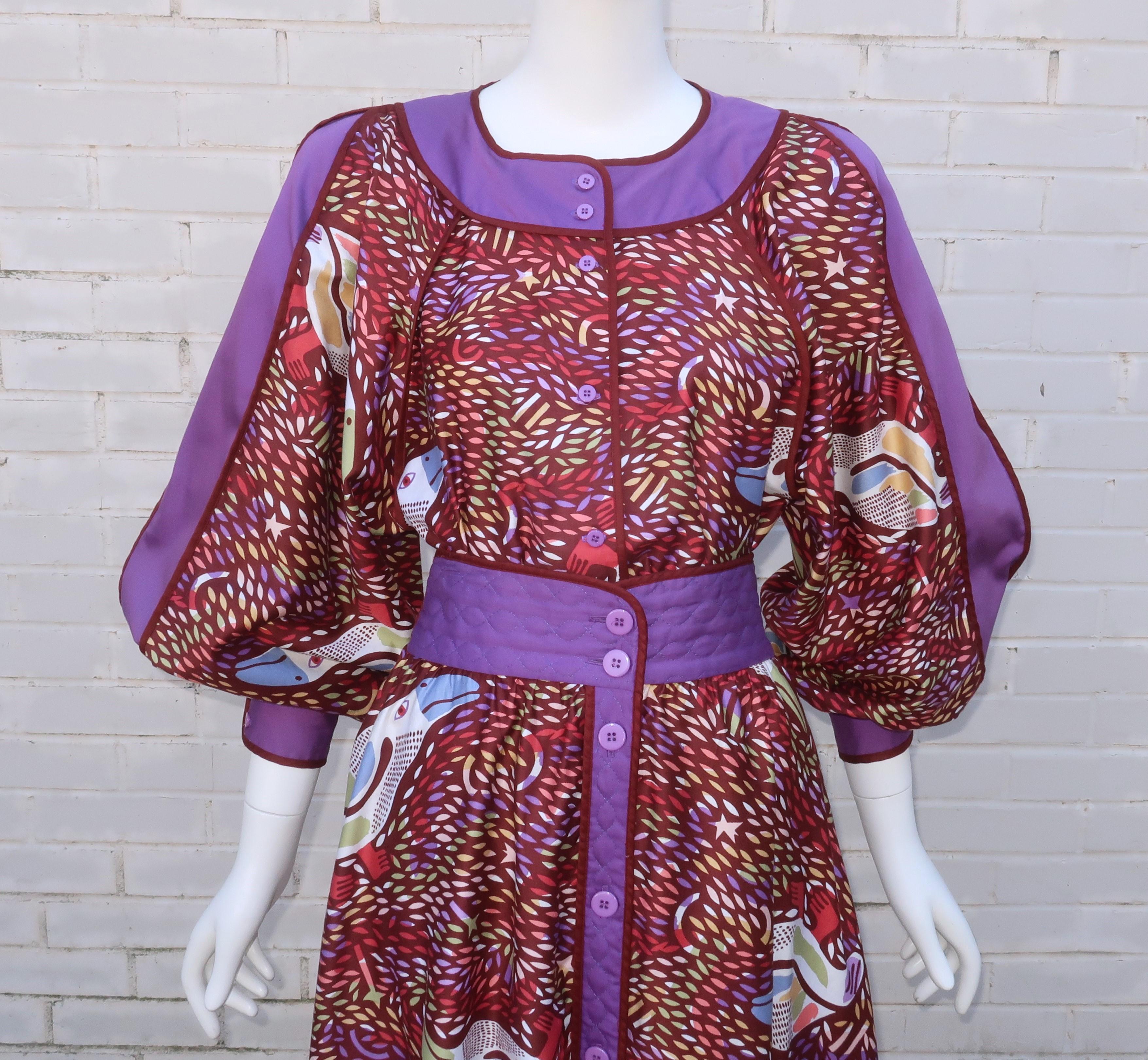 The husband and wife team making up the creative force of San Francisco based Jeanne Marc clothing line were well known for their artfully designed garments and this whimsical two piece cotton dress is no exception.  The ensemble consists of a top
