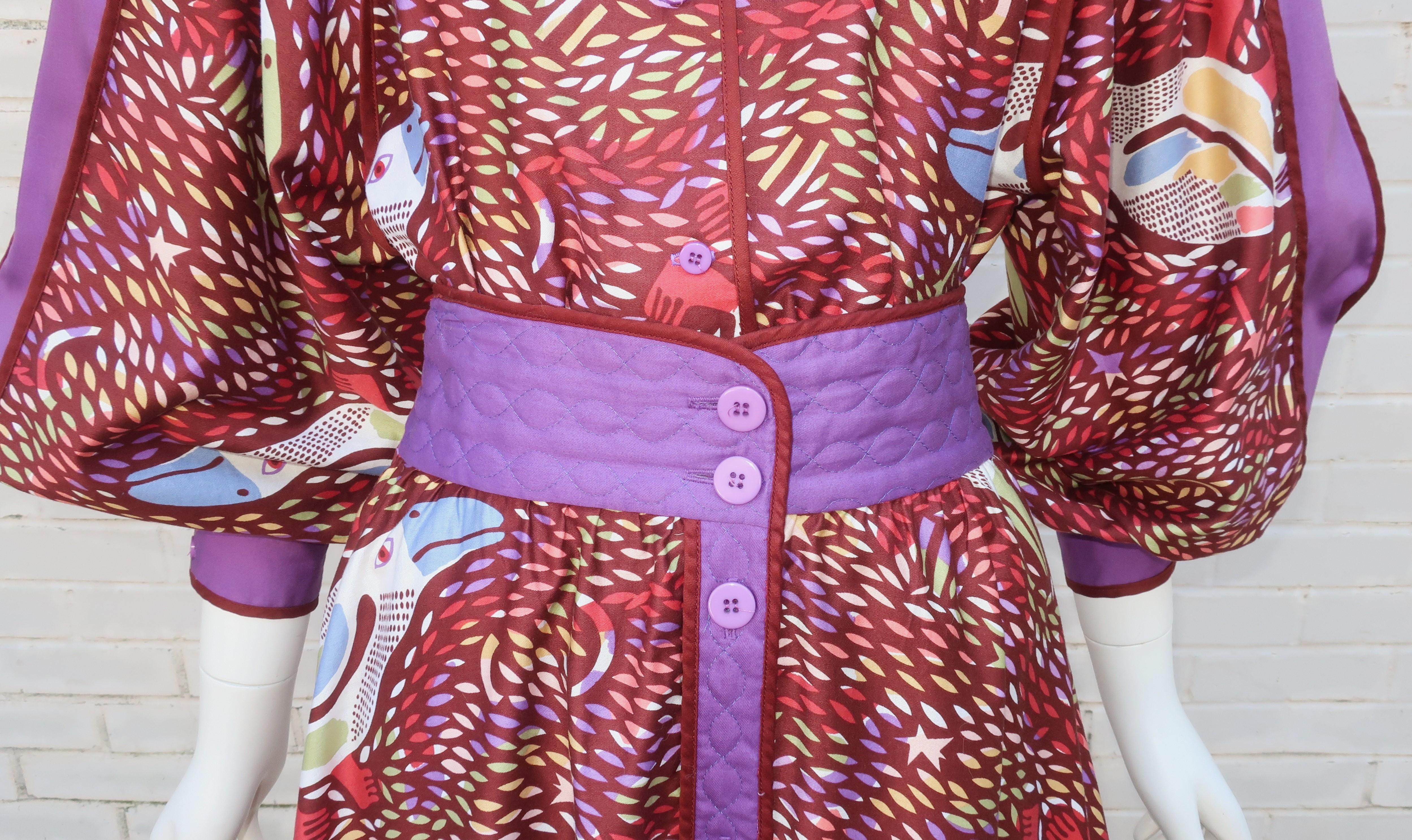 Brown JEANNE MARC Cotton Two Piece Bird Print Dress, 1980's For Sale