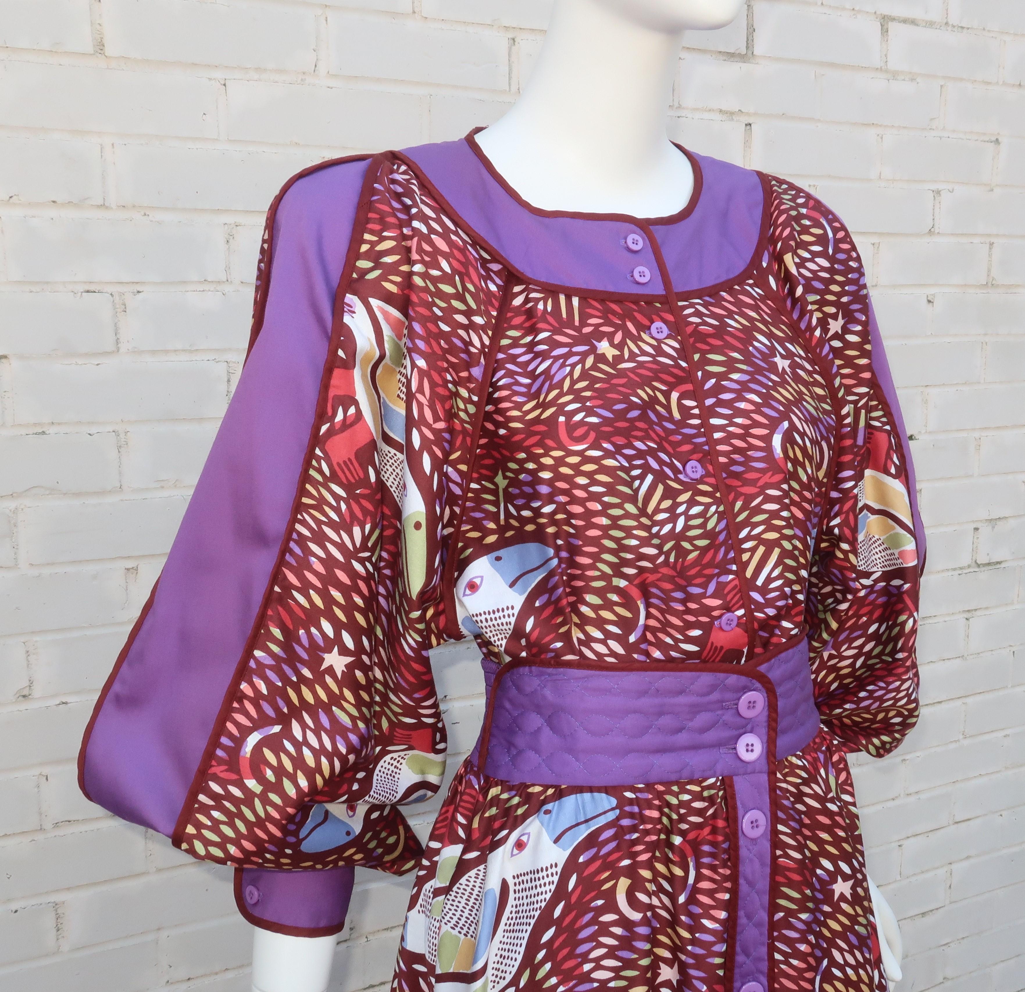 JEANNE MARC Cotton Two Piece Bird Print Dress, 1980's In Good Condition For Sale In Atlanta, GA