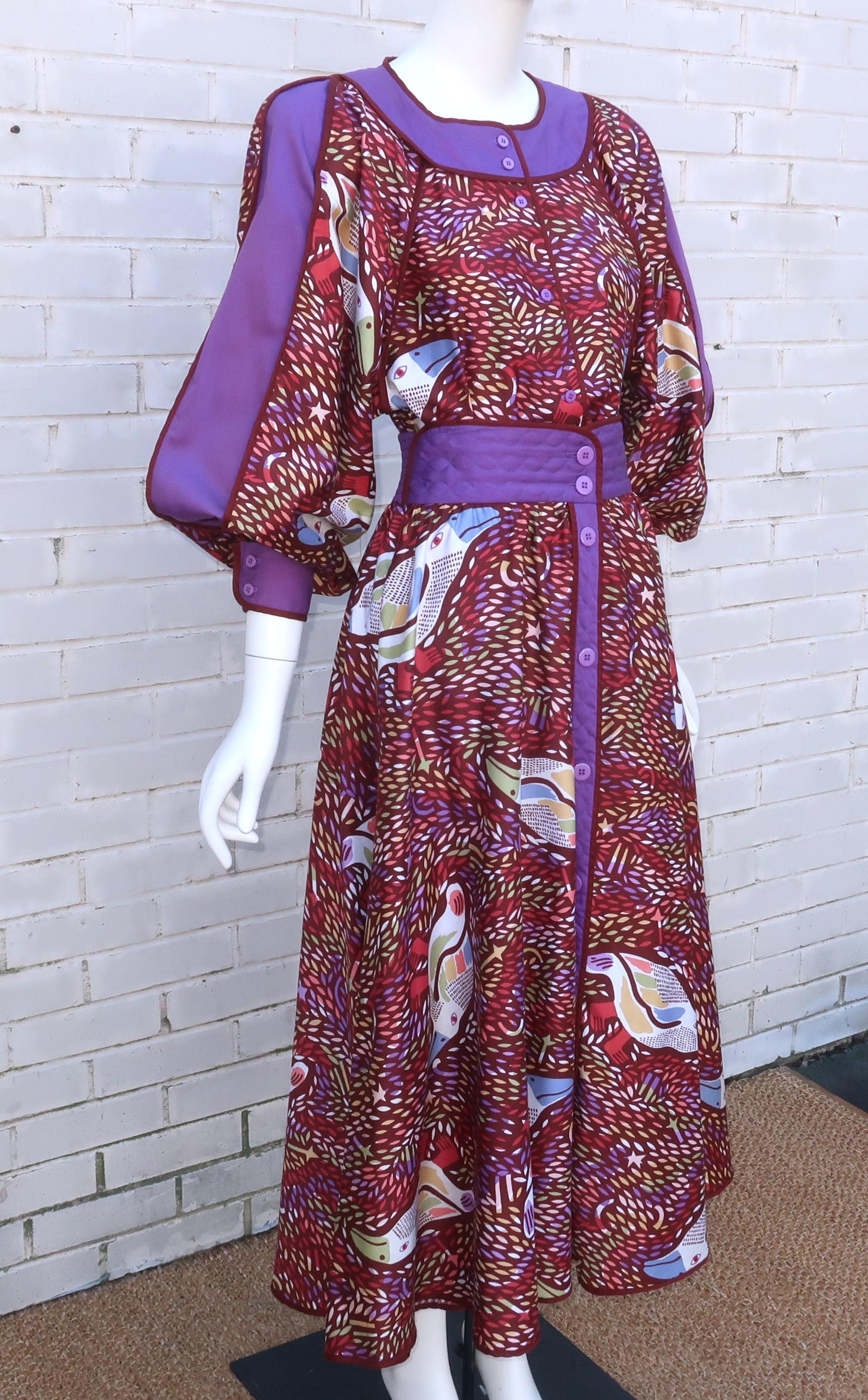 Women's JEANNE MARC Cotton Two Piece Bird Print Dress, 1980's For Sale