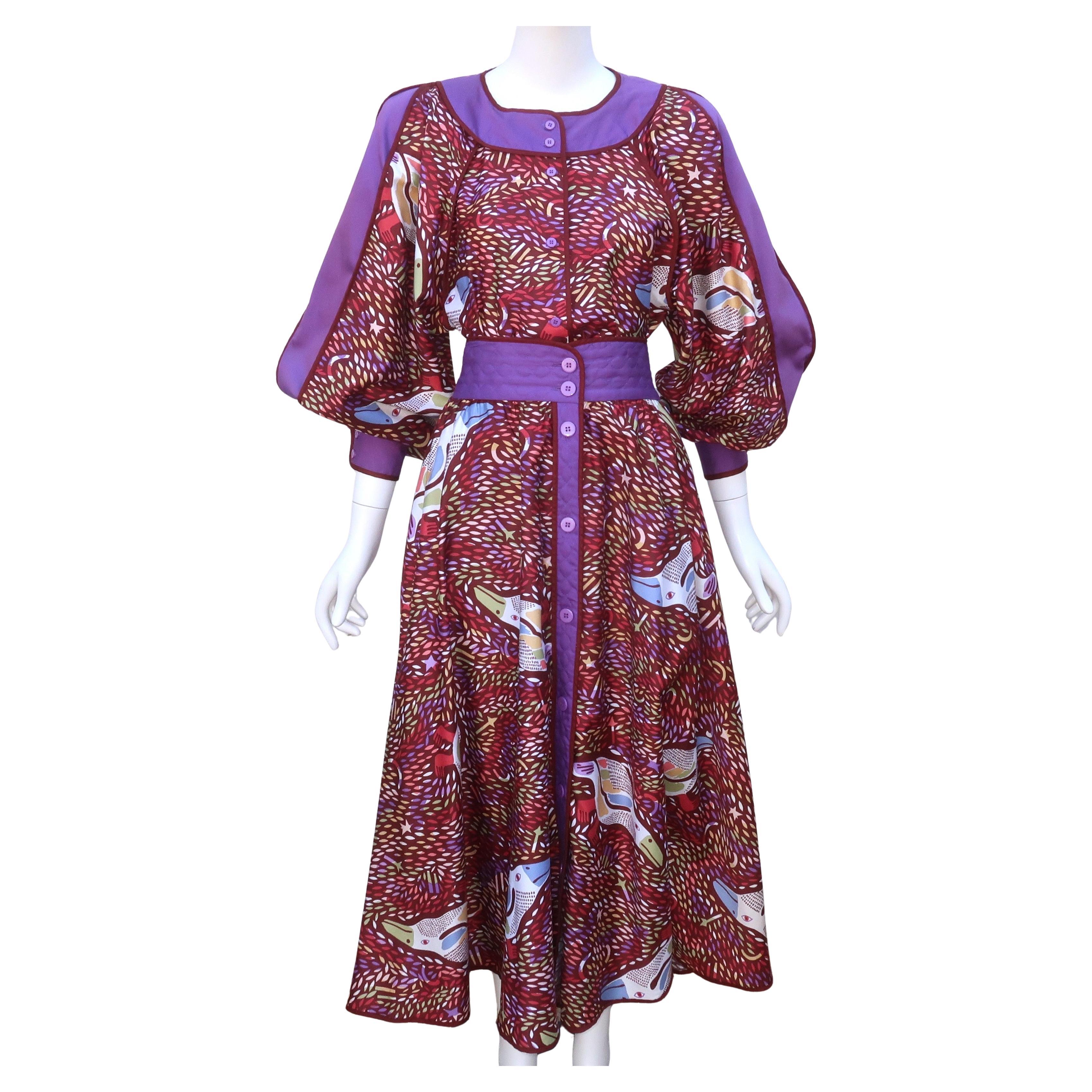 JEANNE MARC Cotton Two Piece Bird Print Dress, 1980's For Sale