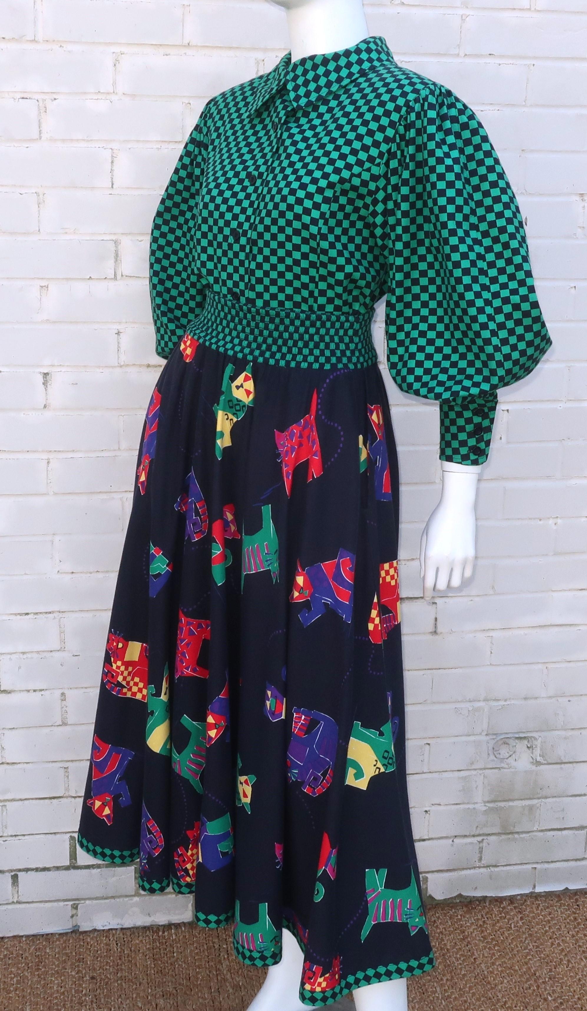 JEANNE MARC Two Piece Cotton Cat Print Checkerboard Dress, 1980's For Sale 5