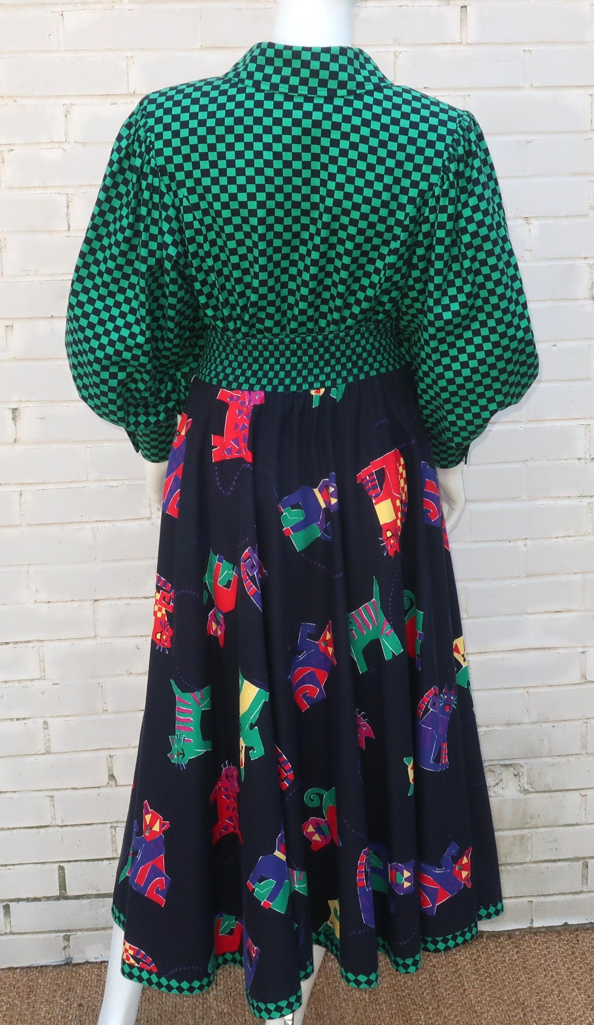 JEANNE MARC Two Piece Cotton Cat Print Checkerboard Dress, 1980's For Sale 6