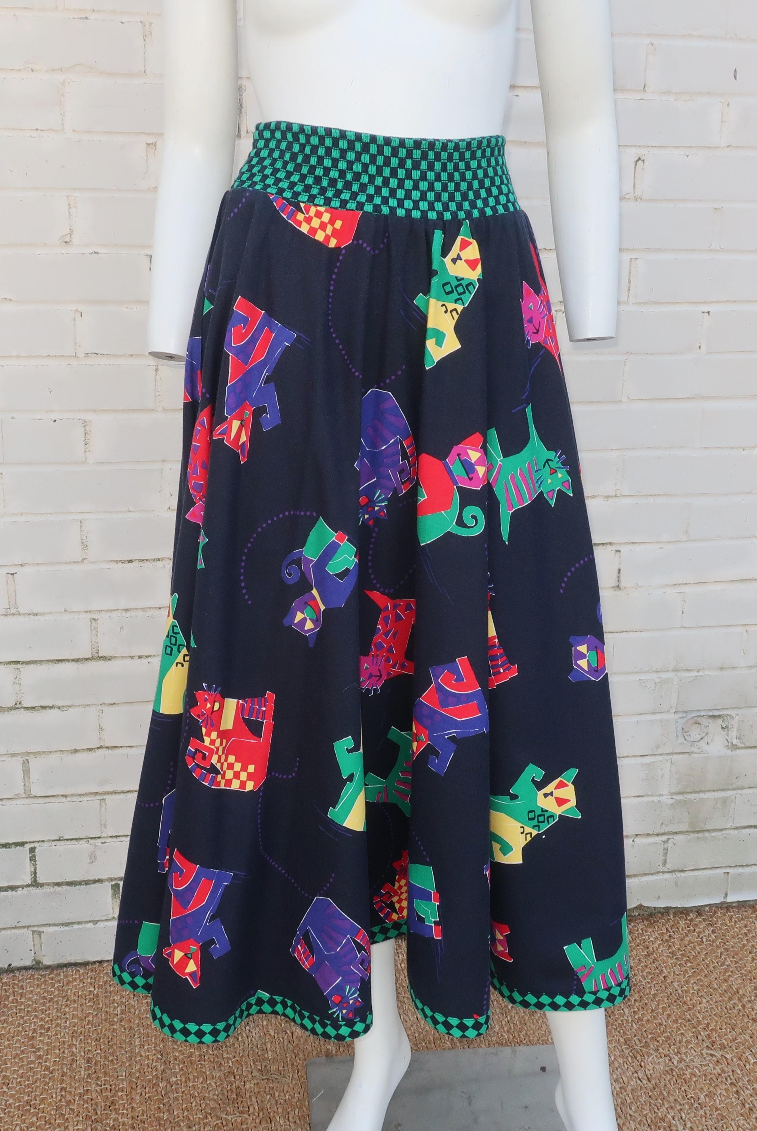 JEANNE MARC Two Piece Cotton Cat Print Checkerboard Dress, 1980's For Sale 8