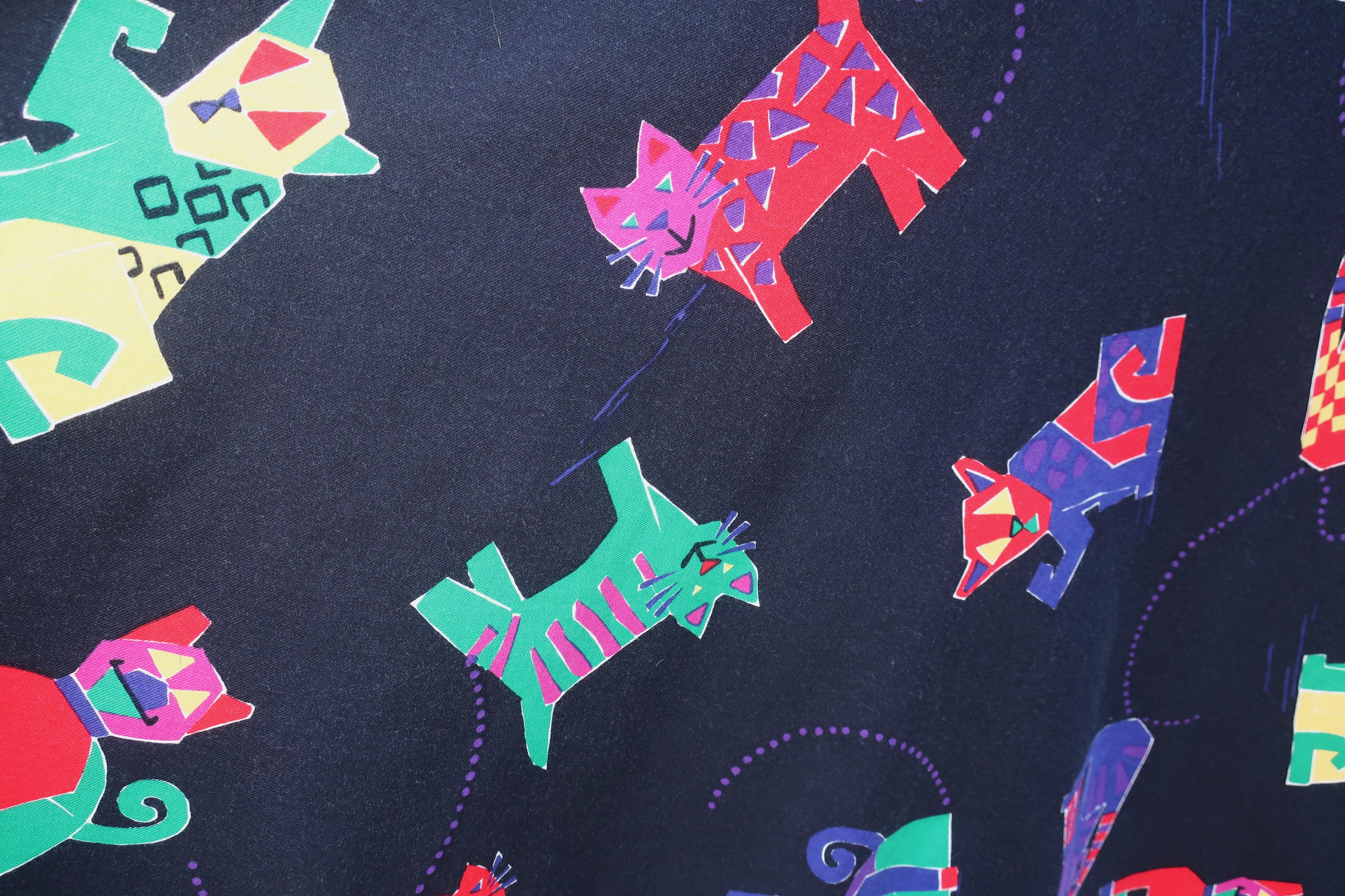 Black JEANNE MARC Two Piece Cotton Cat Print Checkerboard Dress, 1980's For Sale
