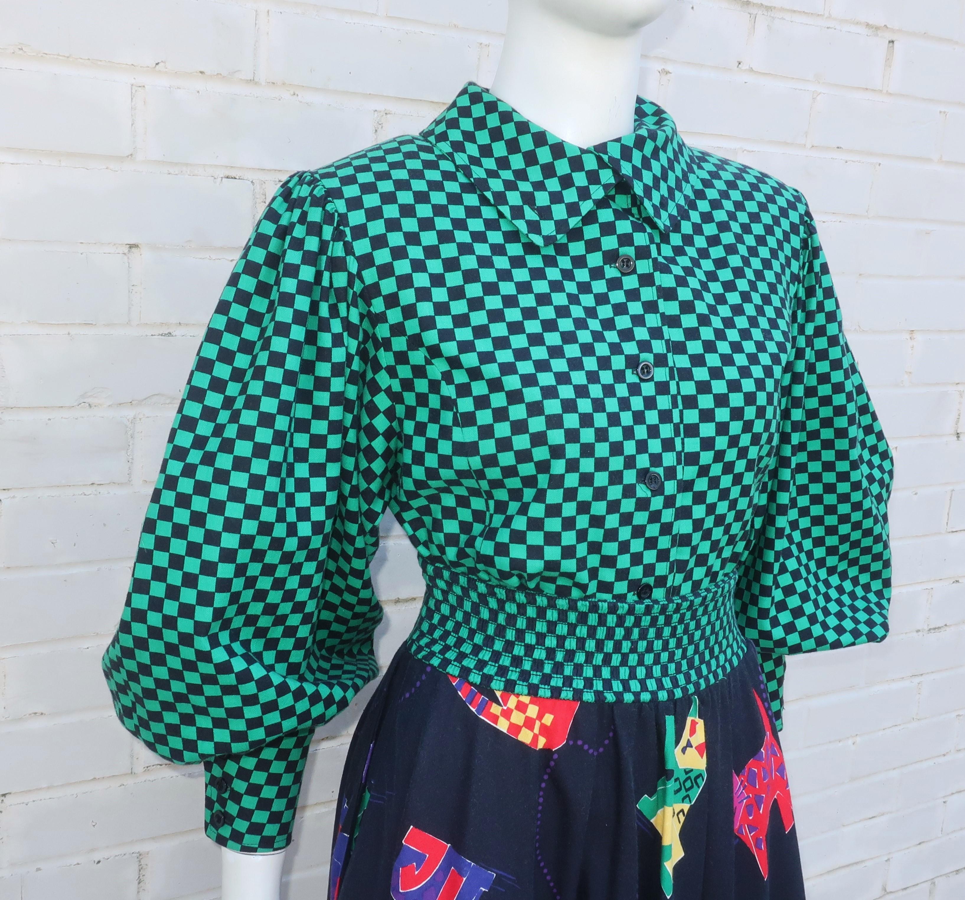 Women's JEANNE MARC Two Piece Cotton Cat Print Checkerboard Dress, 1980's For Sale